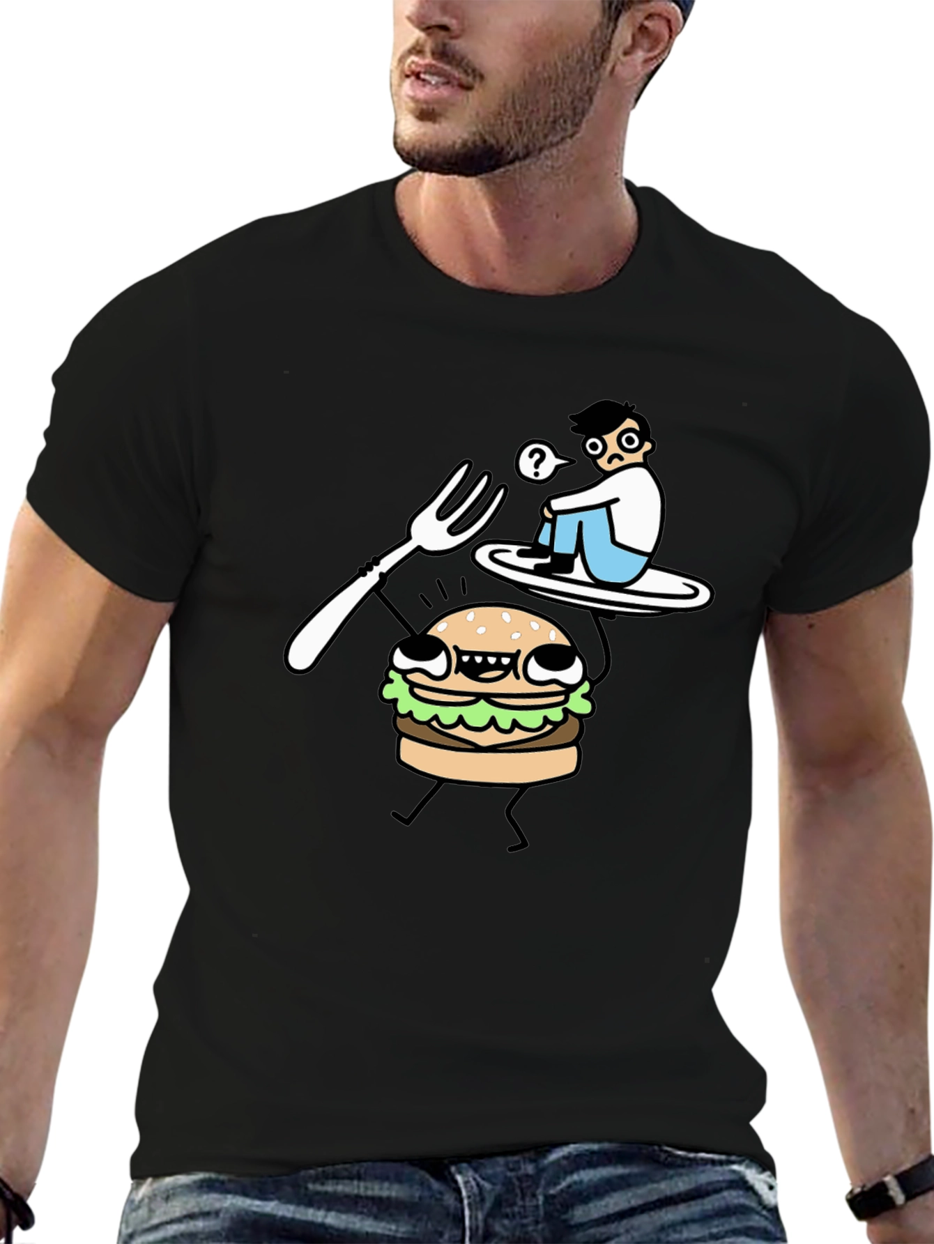 Black Funny Cartoon Burger T-Shirt - Black Cotton Tee view 6