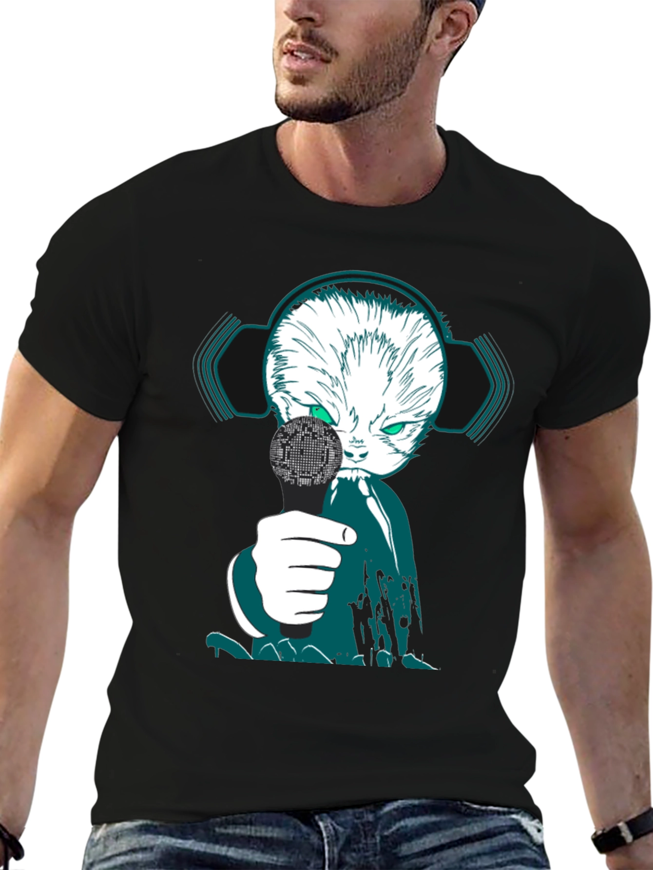 Black Cyber Cat DJ Graphic Tee - Unique Streetwear view 6