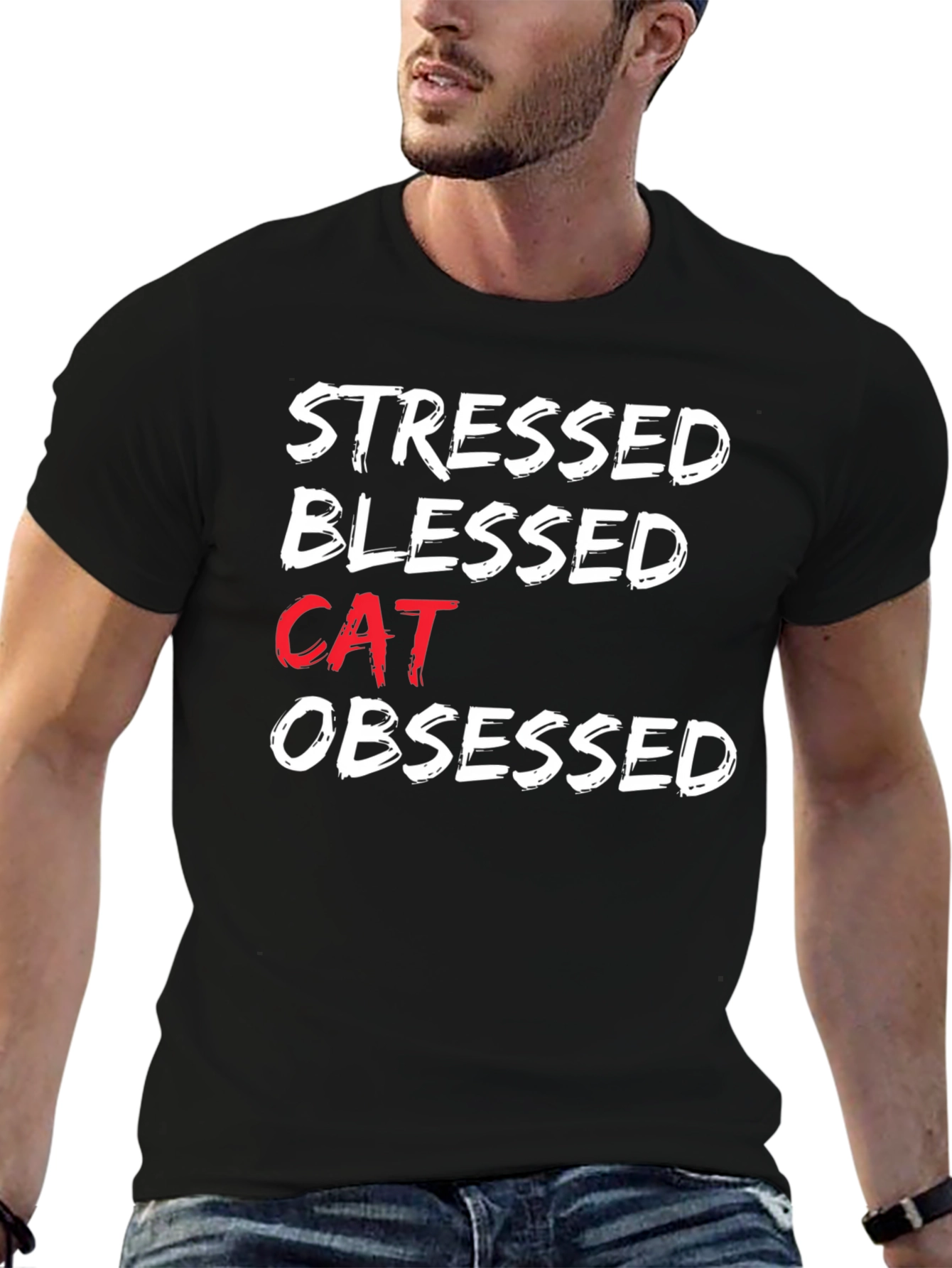 Black Stressed Blessed Cat Obsessed Graphic Tee view 6