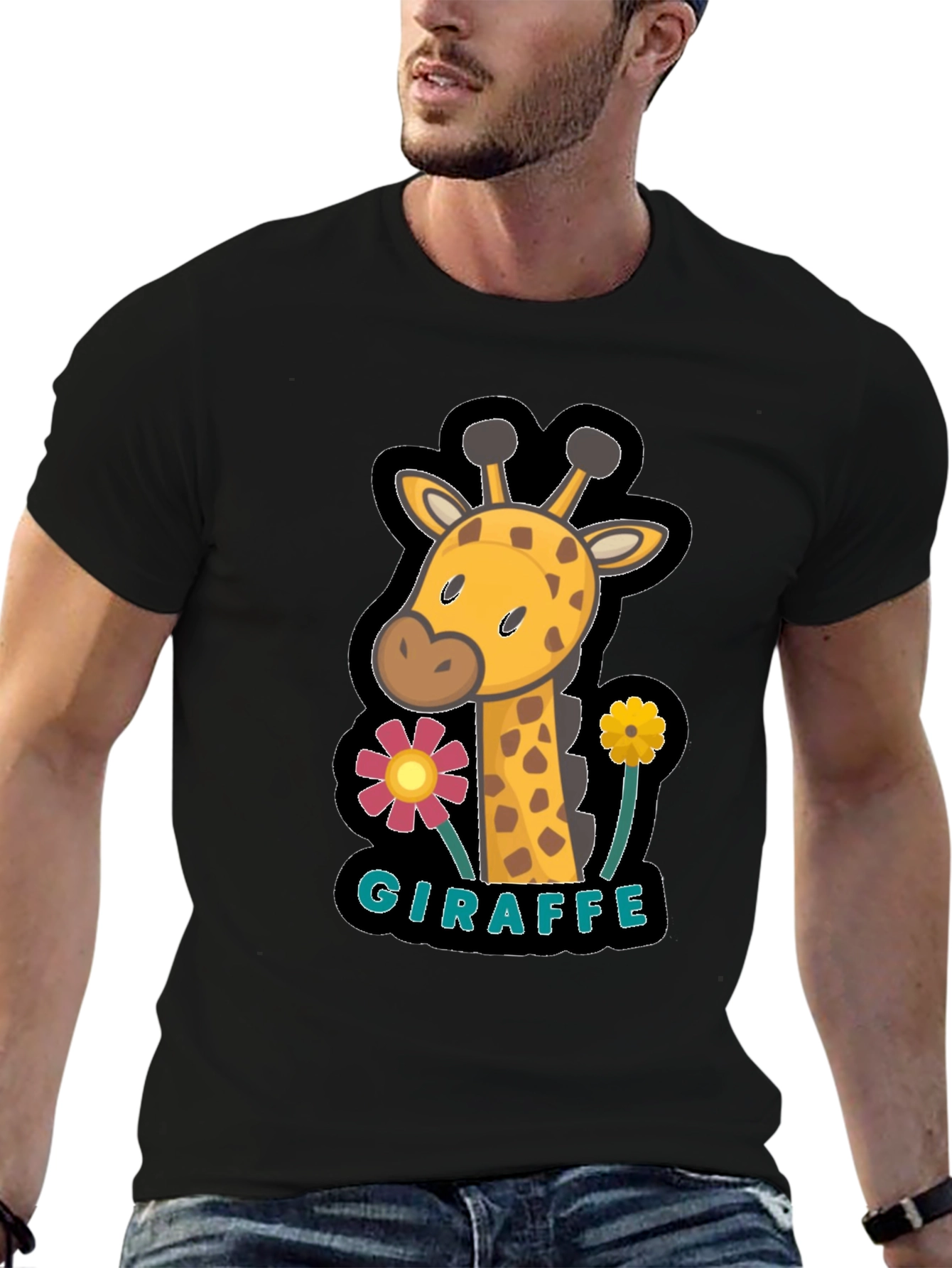 Black Cute Giraffe Flower Graphic Black T-Shirt view 6