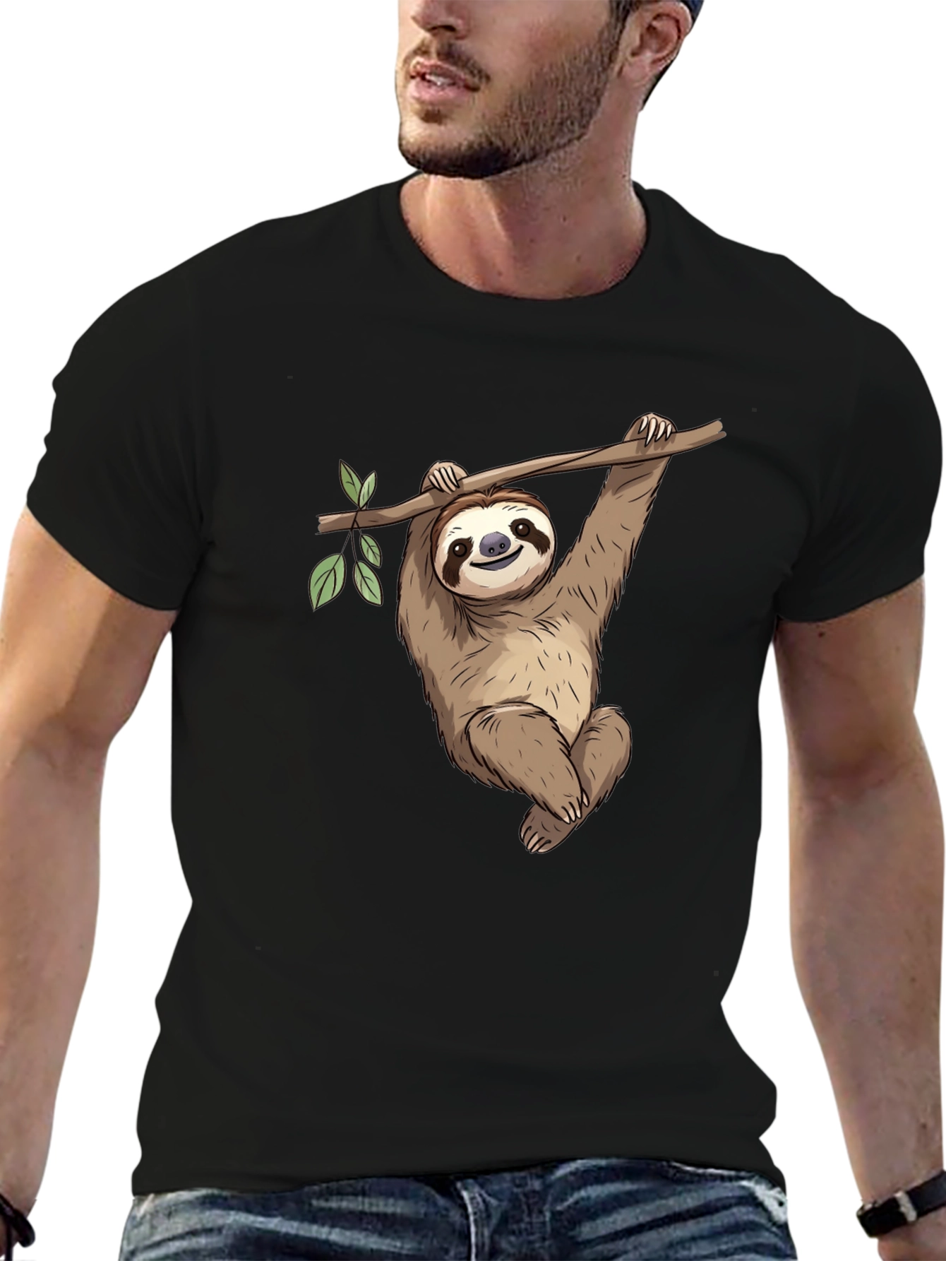 Black Cute Sloth Hanging on Tree T-Shirt view 6