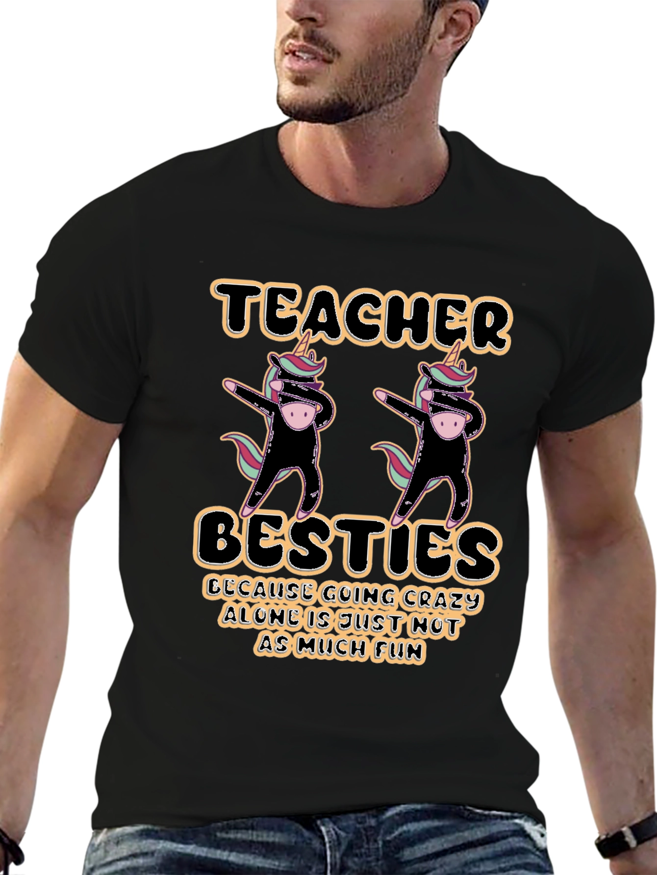 Black Teacher Besties Unicorn Dabbing Graphic T-Shirt view 6