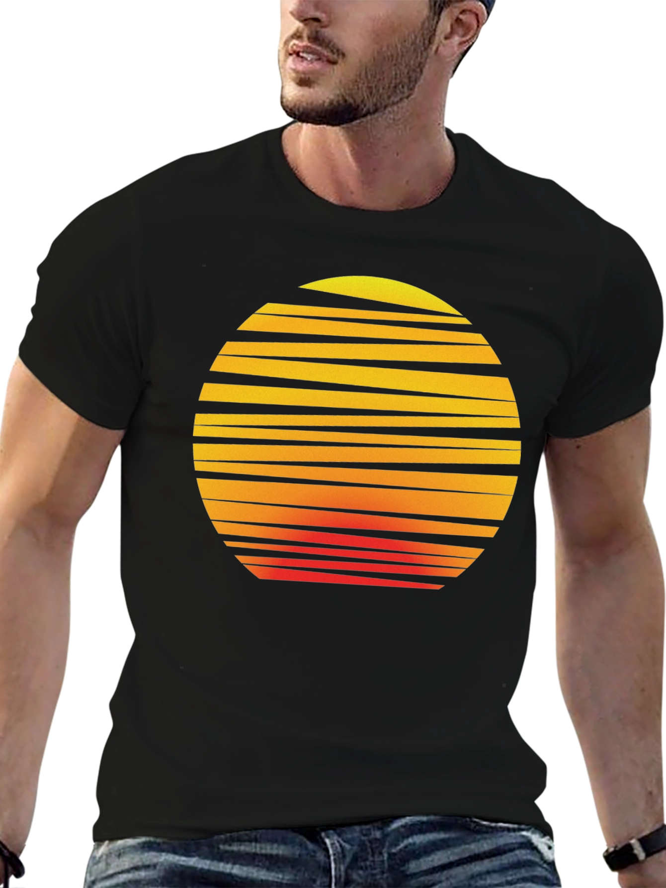 Black Retro Sunset Graphic Tee - Black Cotton T-Shirt view 6