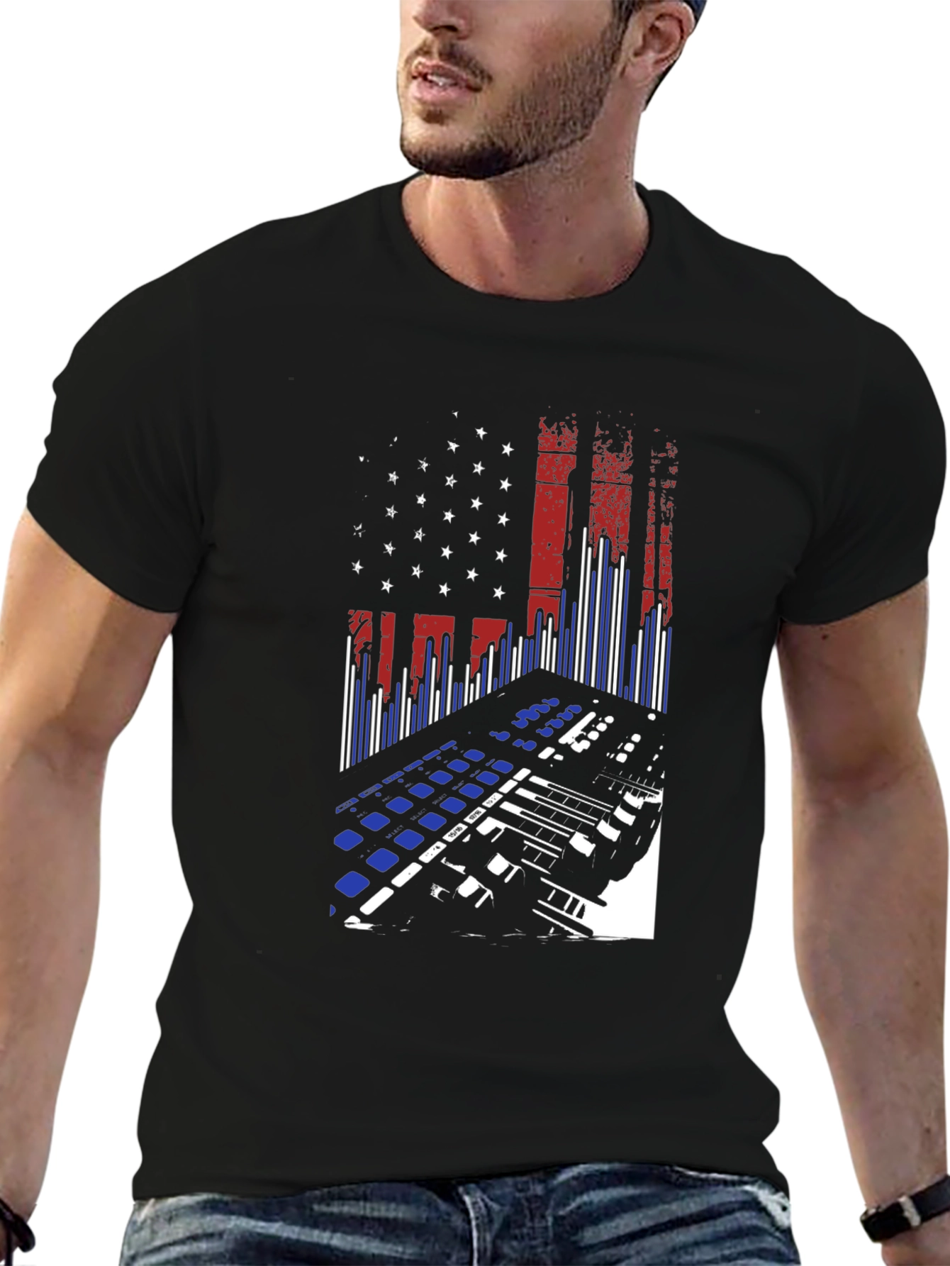 Black American Flag DJ Keyboard Black T-Shirt view 6