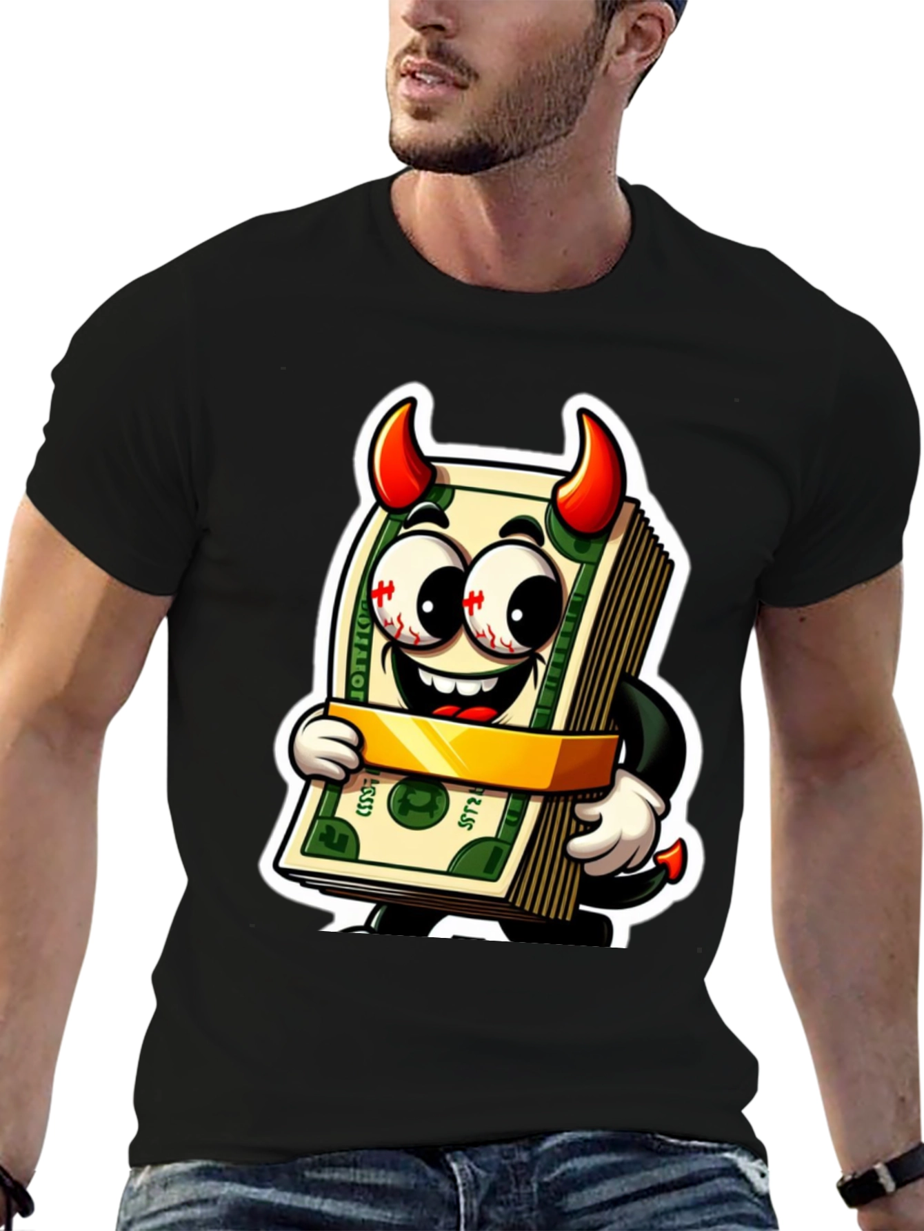 Black Money Devil Graphic Tee - Cartoon Cash Shirt view 6