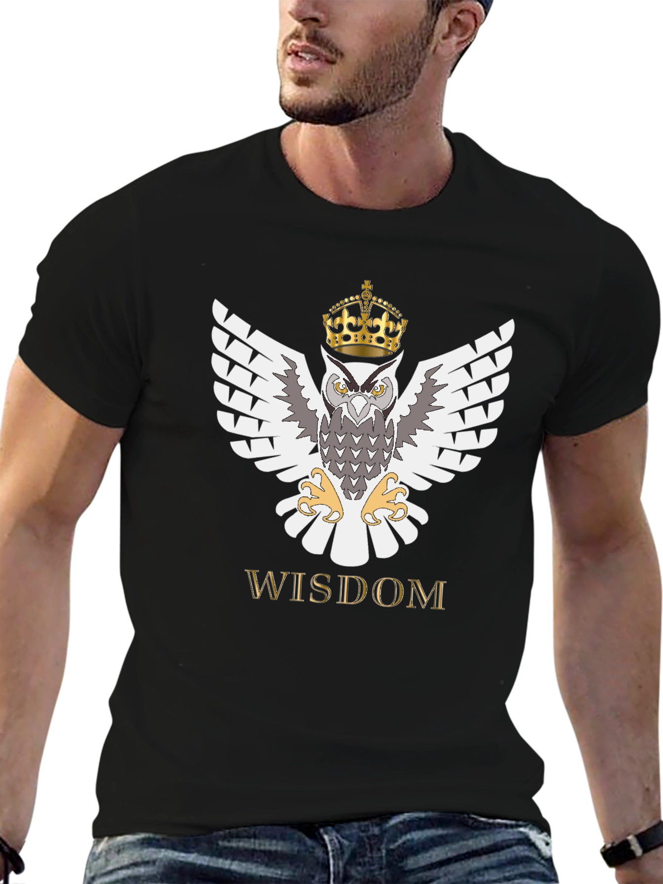 Black Wisdom Owl King Crown T-Shirt - Black view 6