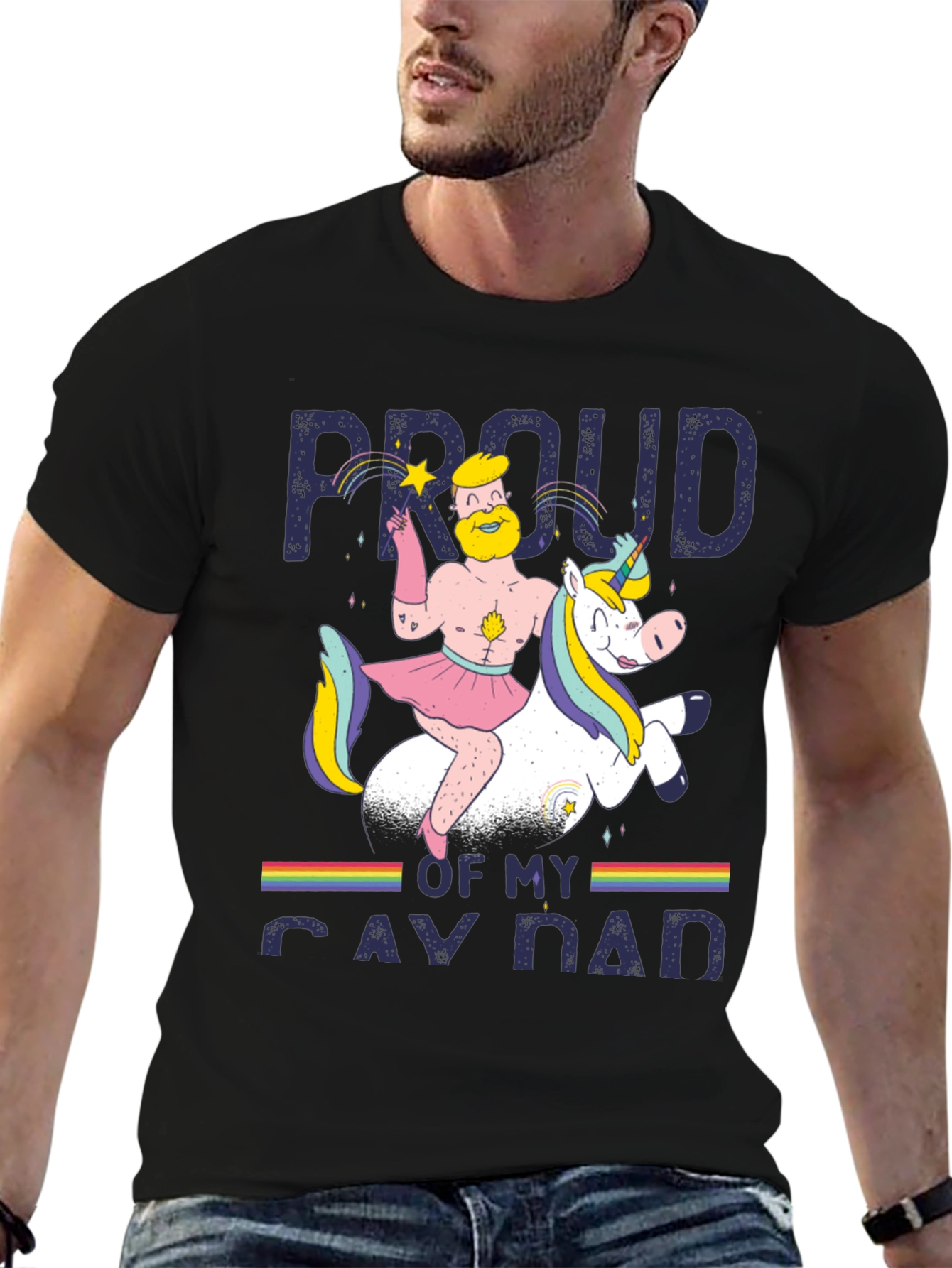 Black Proud Gay Dad T-Shirt - Rainbow Unicorn Dad Pride Tee view 6