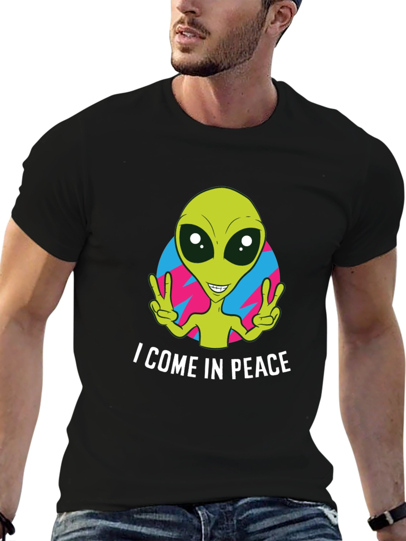 Black Peace Alien Graphic T-Shirt - Black, Short Sleeve view 6