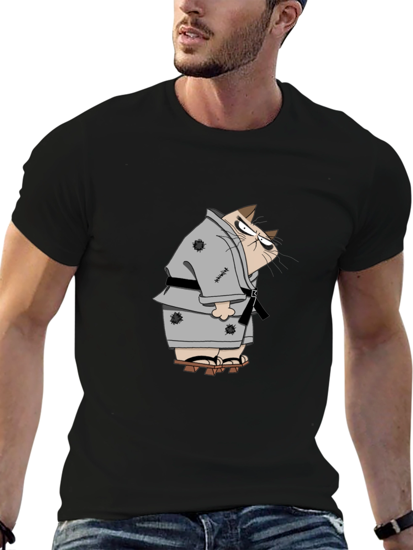 Black Grumpy Karate Cat T-Shirt view 6