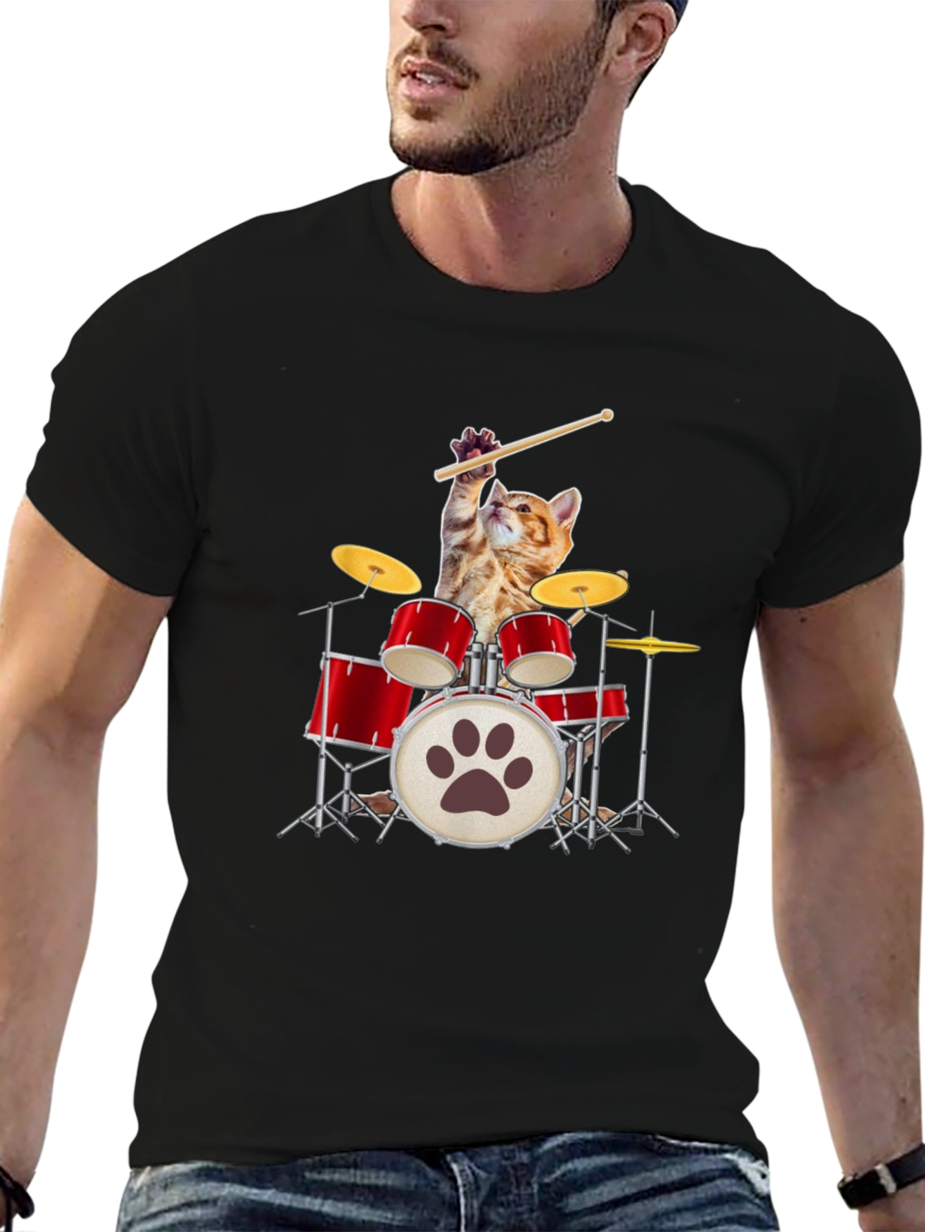 Black Cat Drummer T-Shirt - Rock Out in Style! view 6