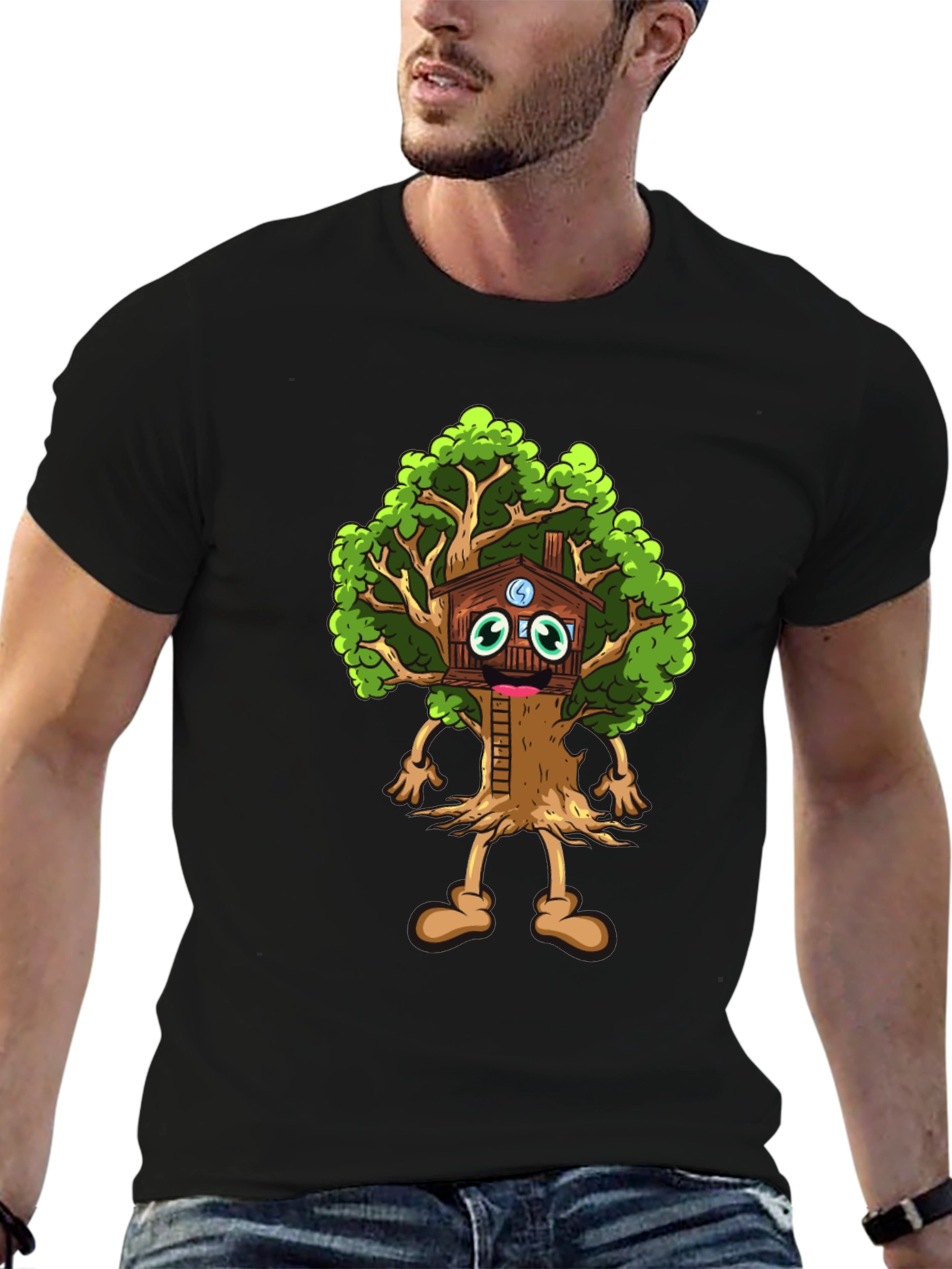 Black Cartoon Tree House T-Shirt - Unique Graphic Tee view 6