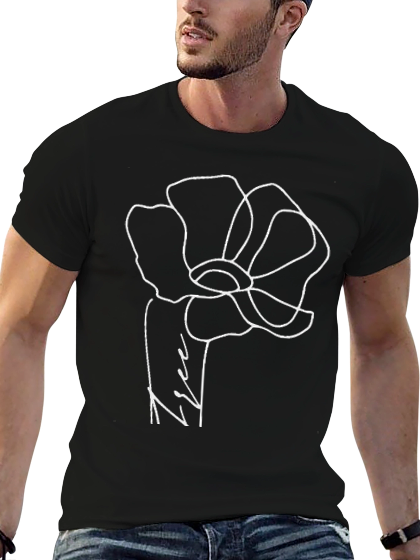 Black Minimalist Flower Graphic Black T-Shirt view 6