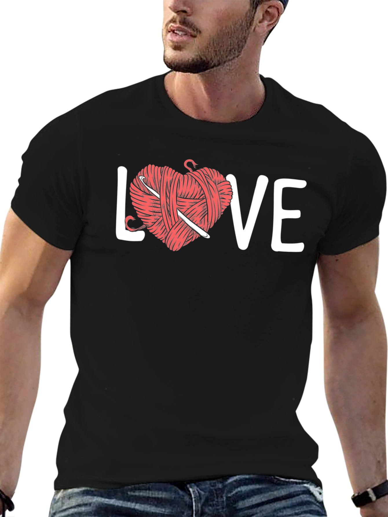 Black Crochet Love T-Shirt - Yarn Heart Graphic Tee view 6