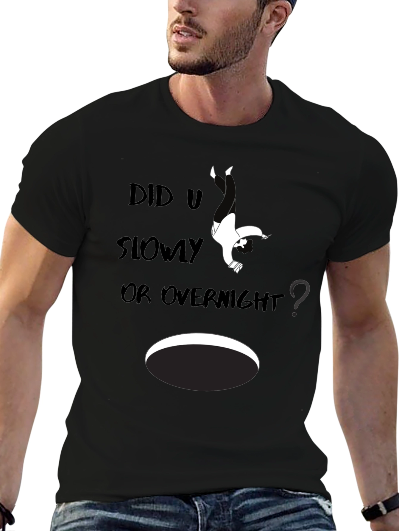 Black Humorous 'Did U Slowly Or Overnight' Graphic Tee view 6