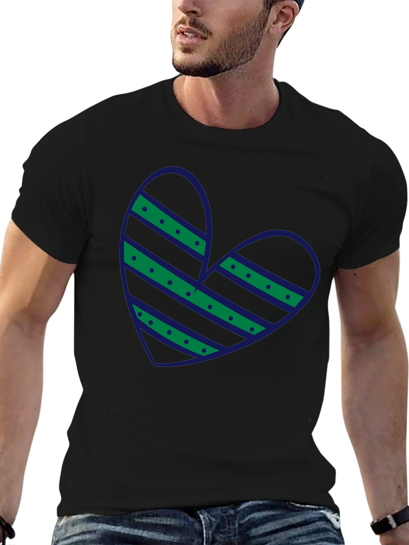 Black Striped Heart Graphic Tee - Casual Black T-Shirt view 6