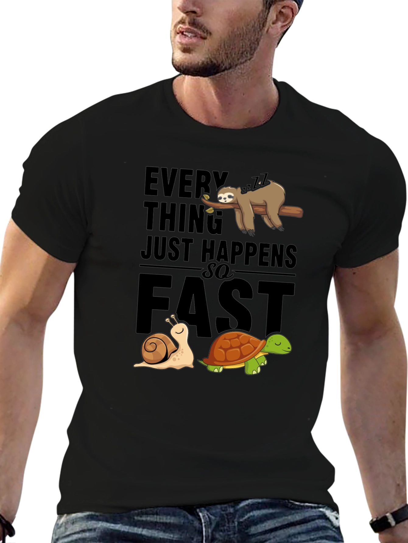 Black Funny Sloth Snail Turtle Graphic T-Shirt view 6