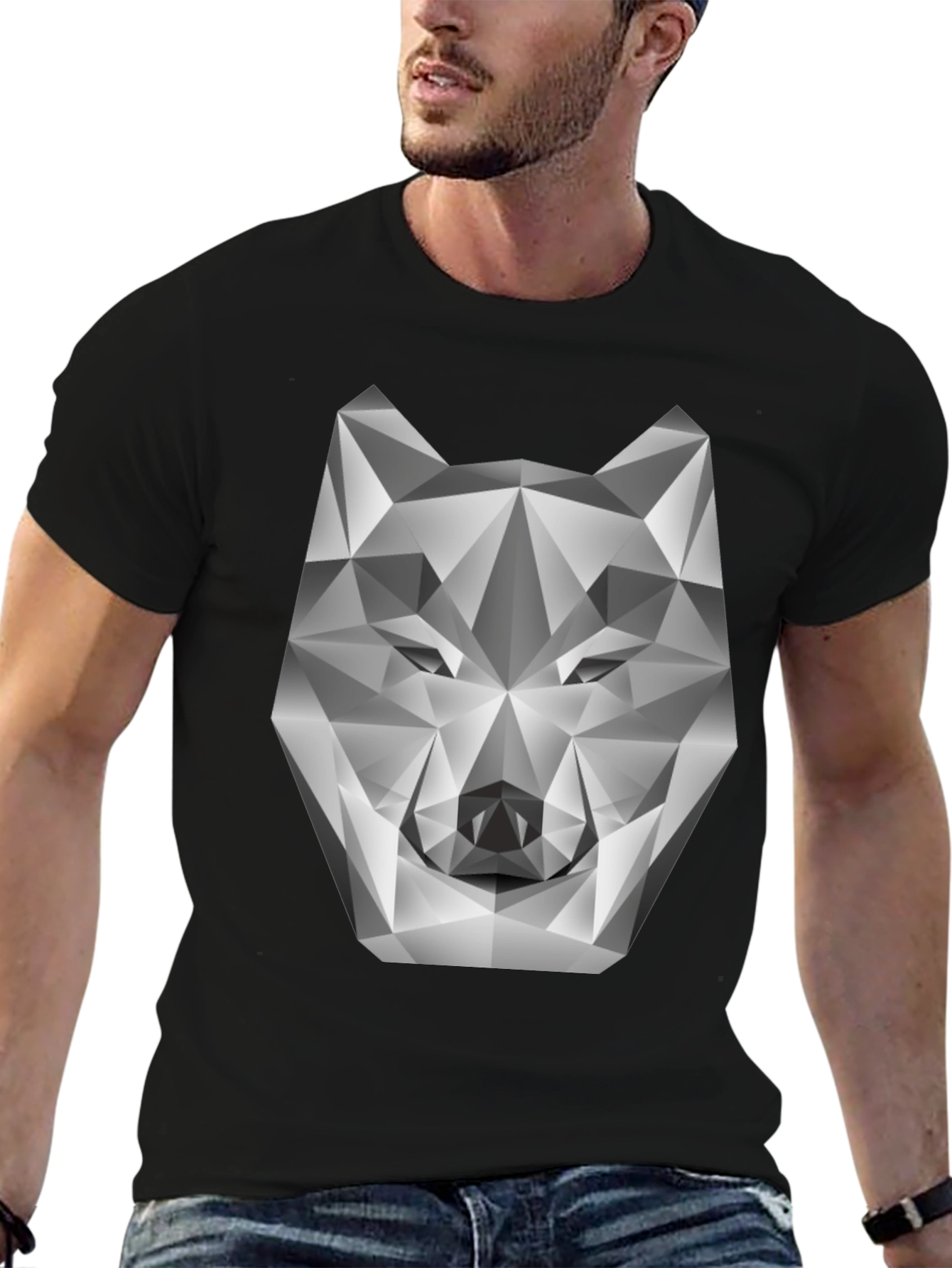 Black Geometric Wolf Head Graphic Tee - Modern Style view 6