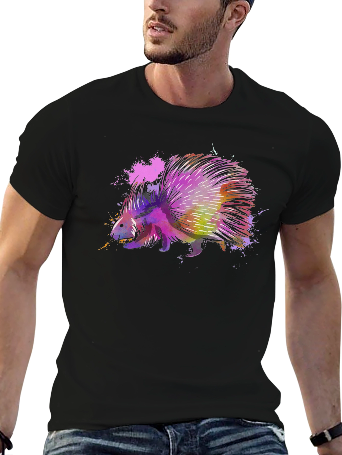 Black Watercolor Porcupine Graphic T-Shirt view 6