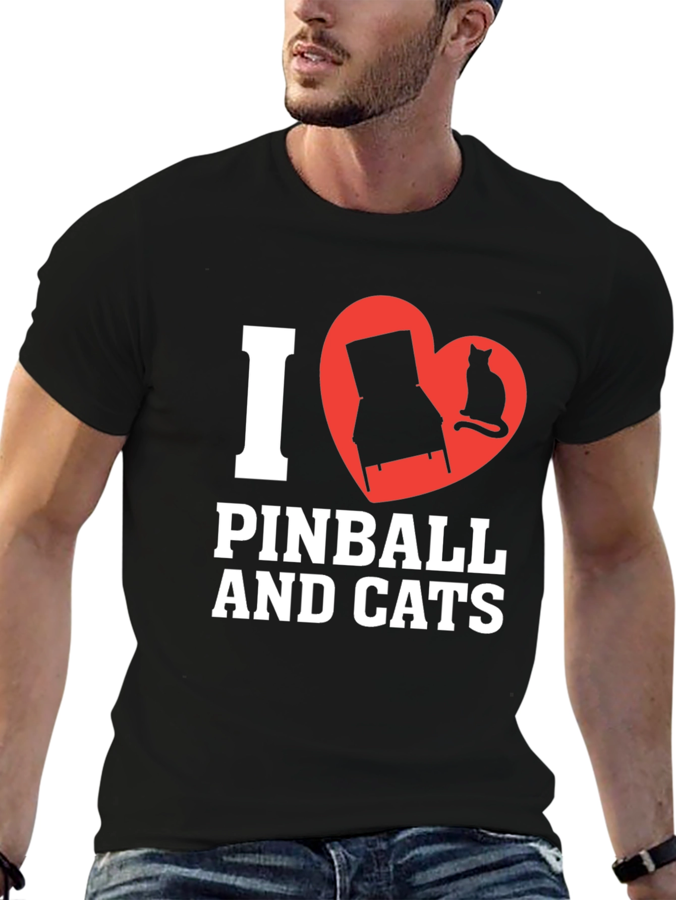 Black I Love Pinball and Cats Graphic T-Shirt view 6