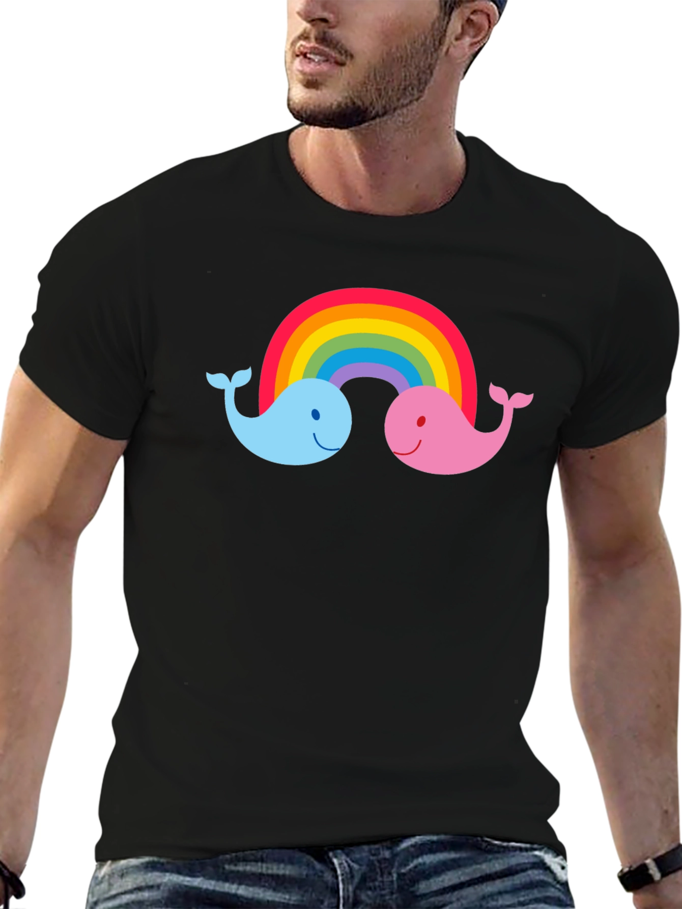 Black Rainbow Whale Graphic Tee - Black Cotton T-Shirt view 6