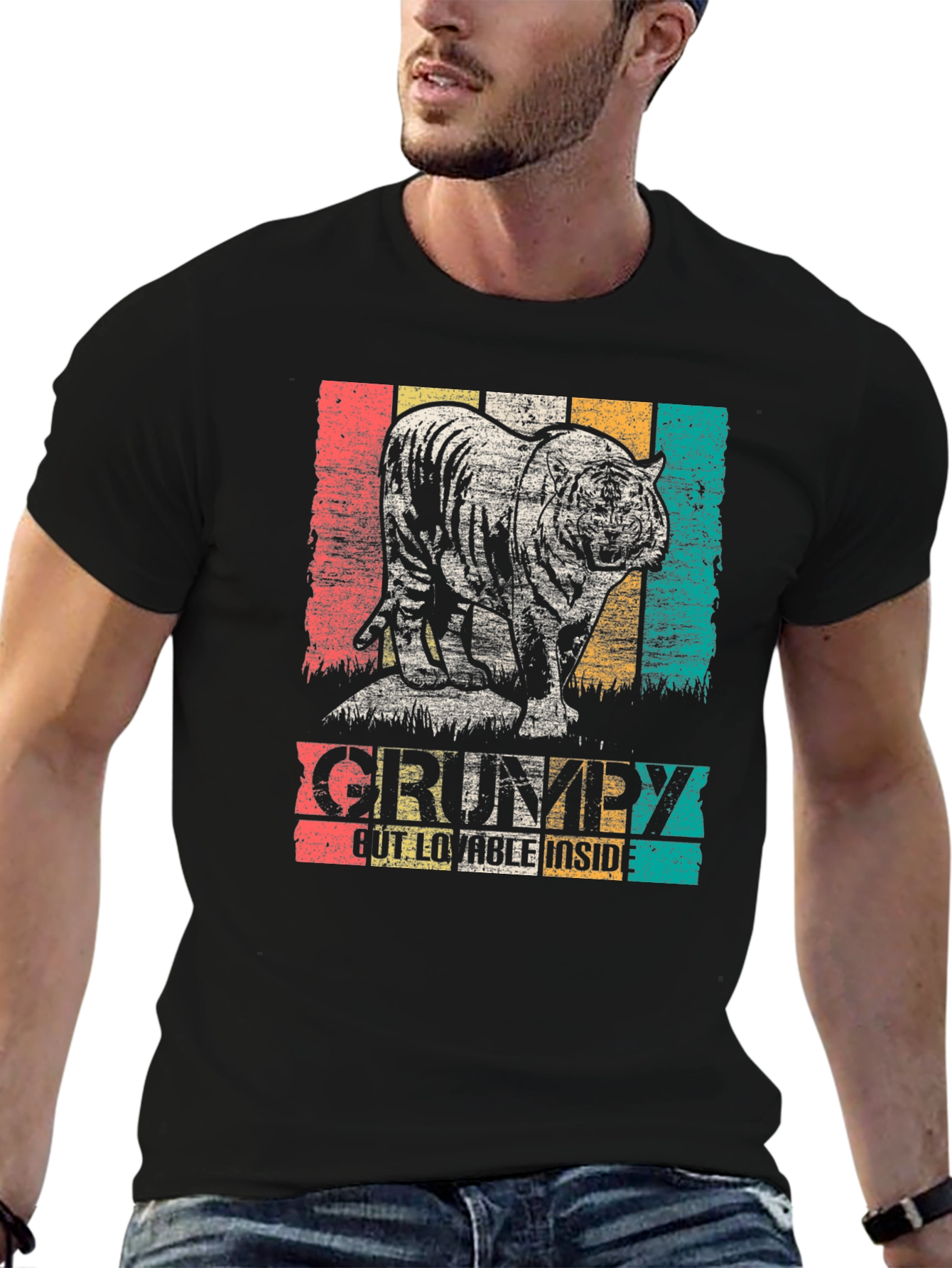 Black Grumpy Tiger Graphic Tee - Black Cotton T-Shirt view 6
