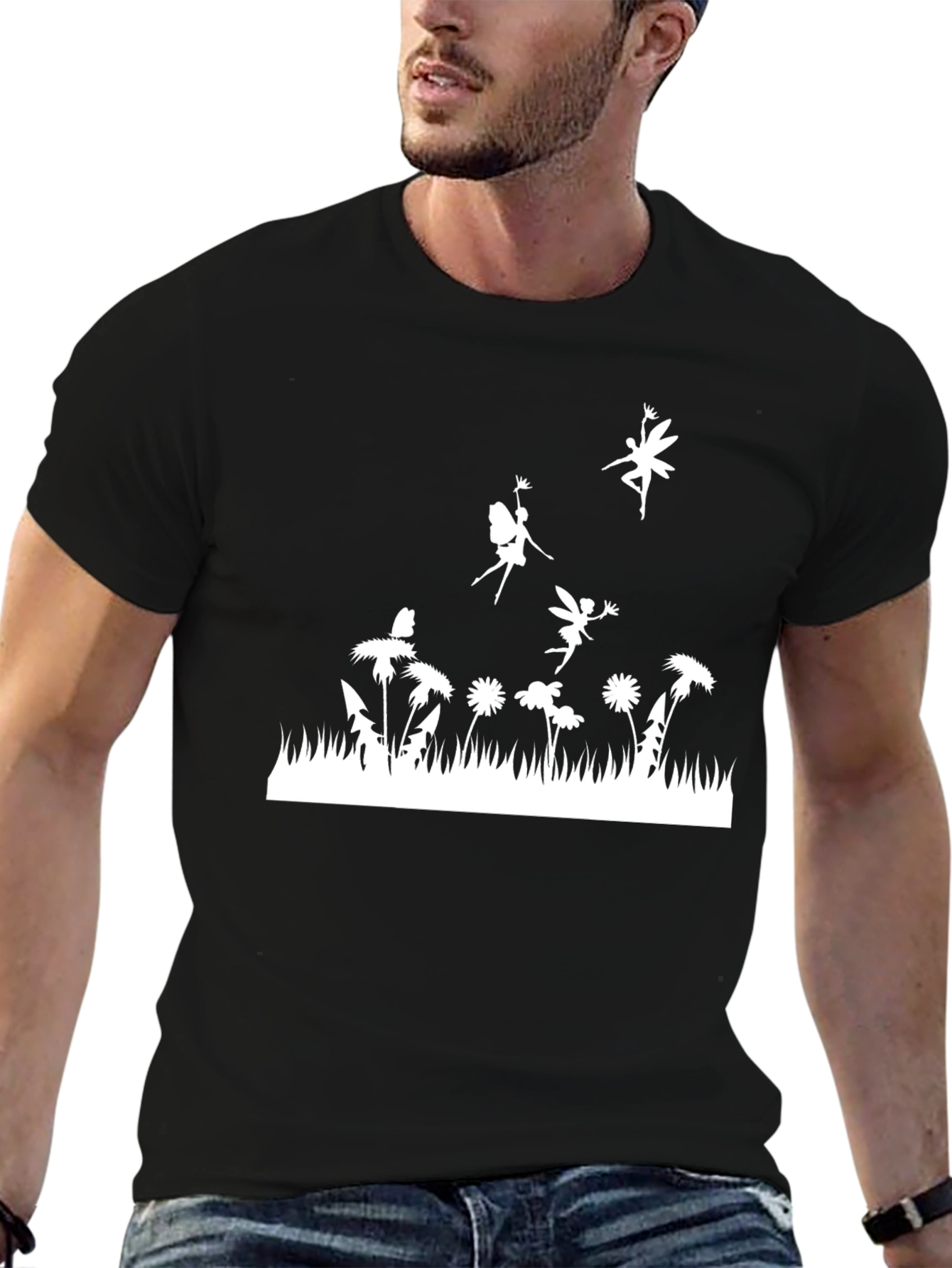 Black Whimsical Fairy Graphic Tee - Black Cotton Shirt view 6