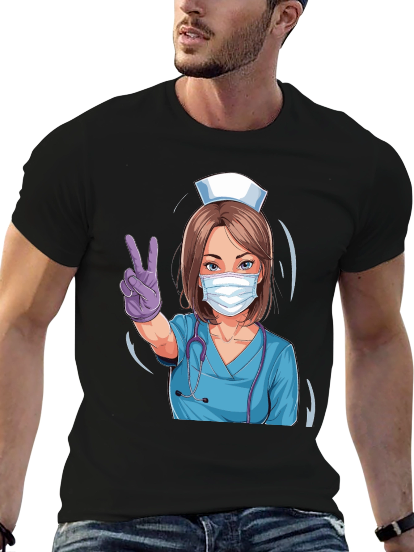 Black Nurse Victory Sign Black T-Shirt view 6