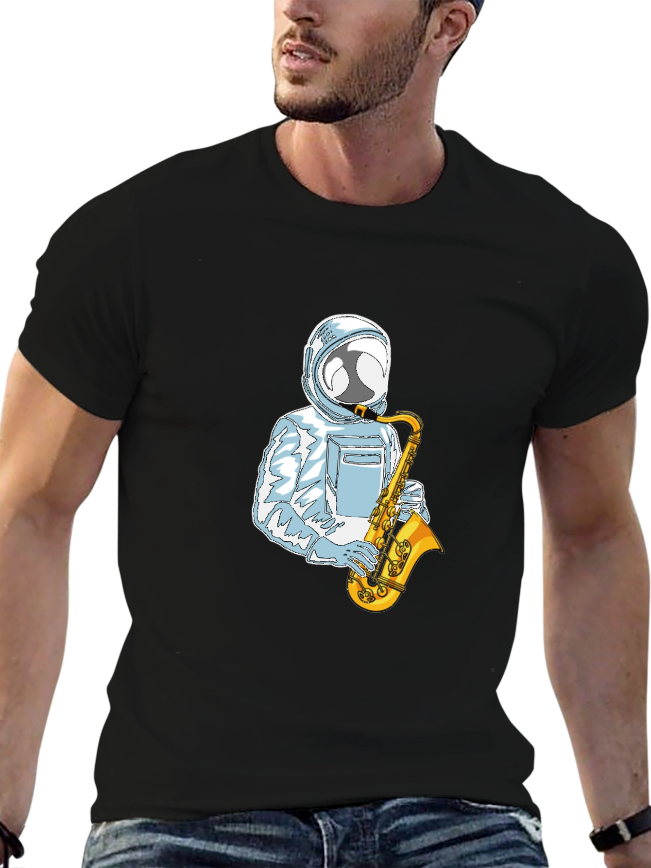 Black Astronaut Sax Player Graphic Tee - Cool & Unique view 6