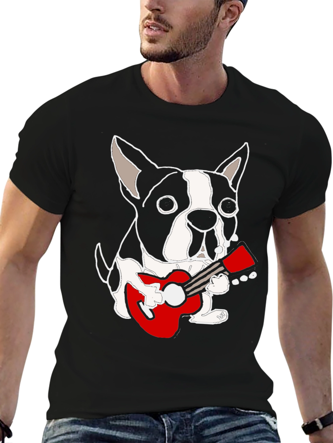 Black Dog Playing Guitar Graphic Tee - Black Cotton Casual T-Shirt view 6