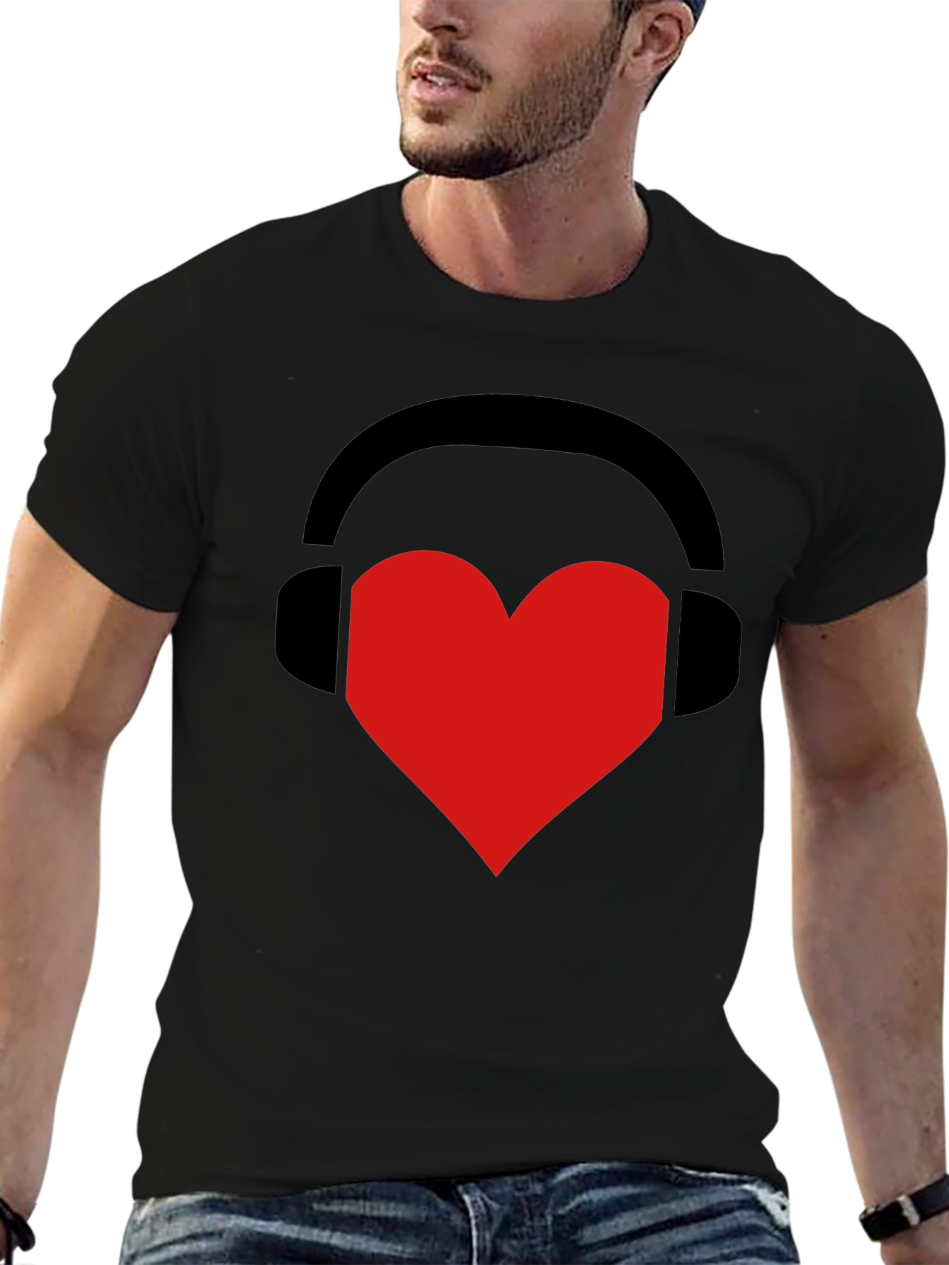 Black Music Lover Tee: Heart Headphones Graphic T-Shirt view 6