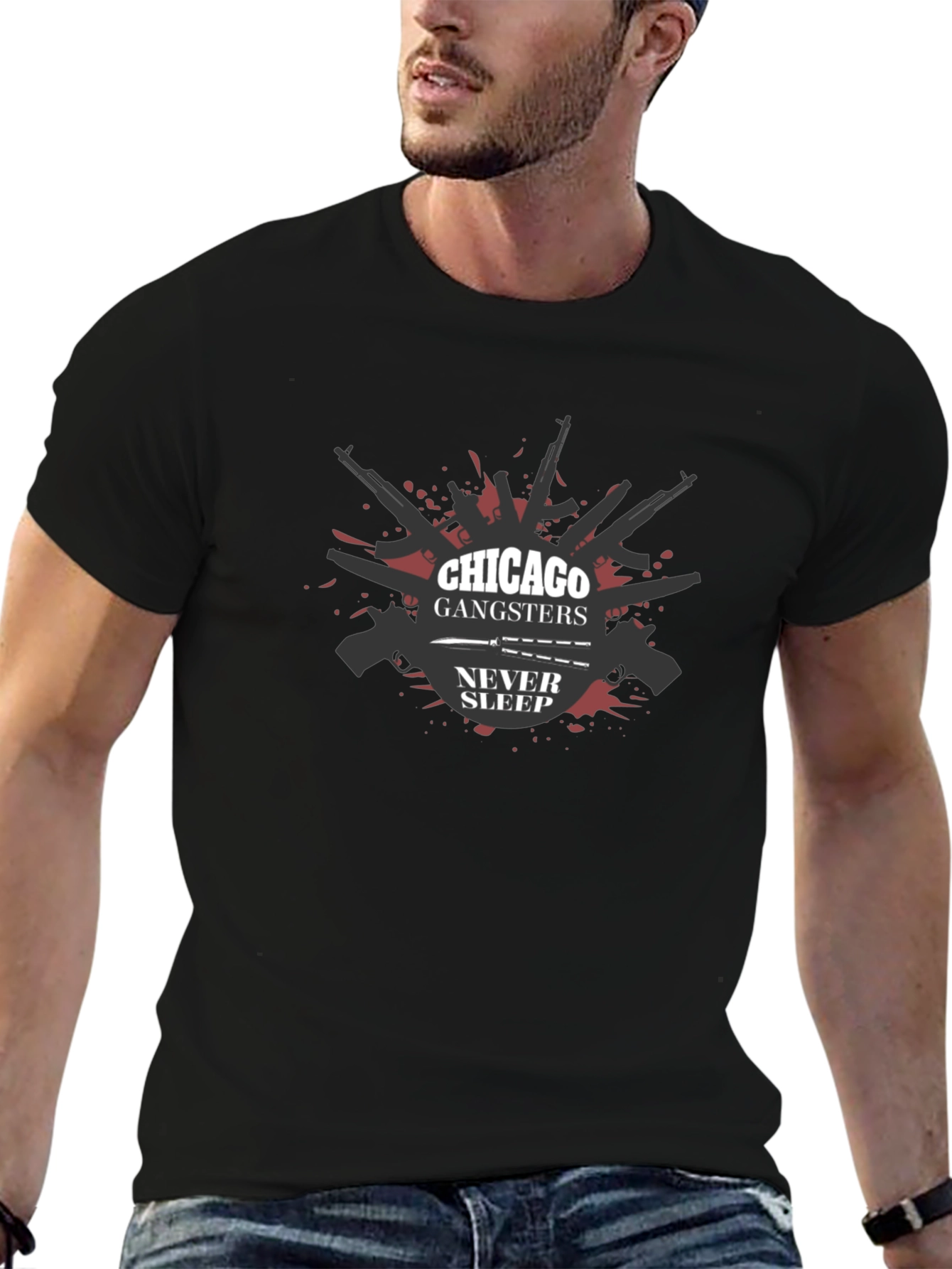 Black Chicago Gangsters Never Sleep Graphic T-Shirt view 6