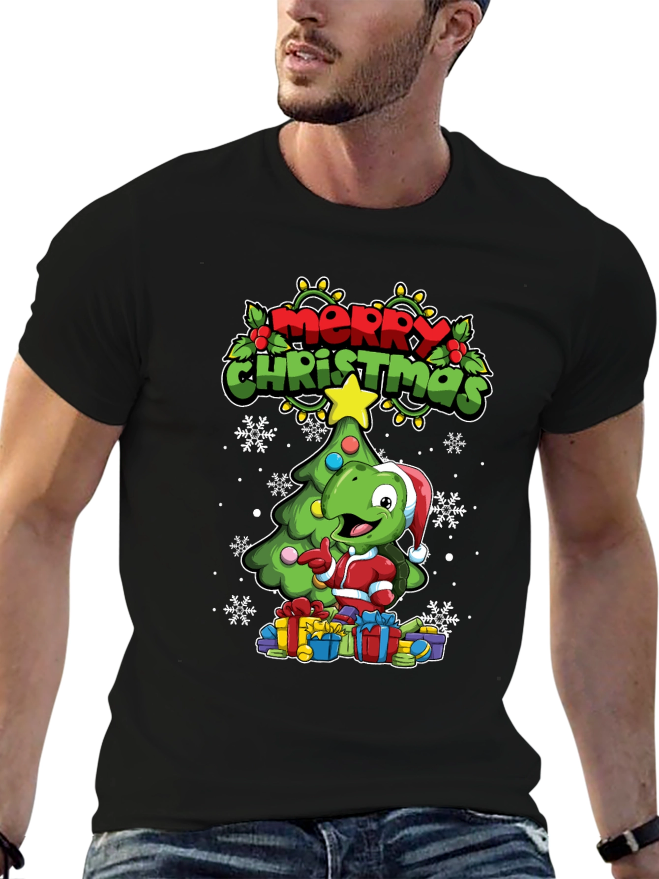 Black Festive Dino Christmas T-Shirt view 6