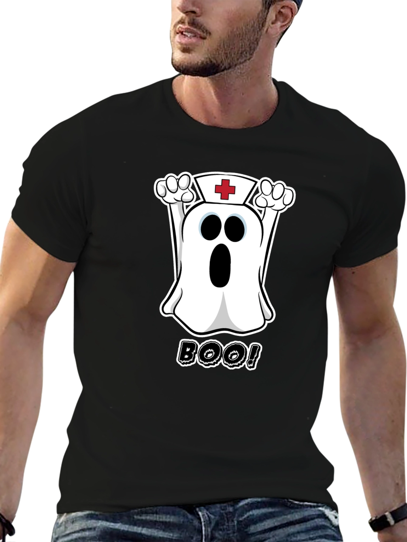 Black Nurse Ghost Boo! Black T-Shirt view 6