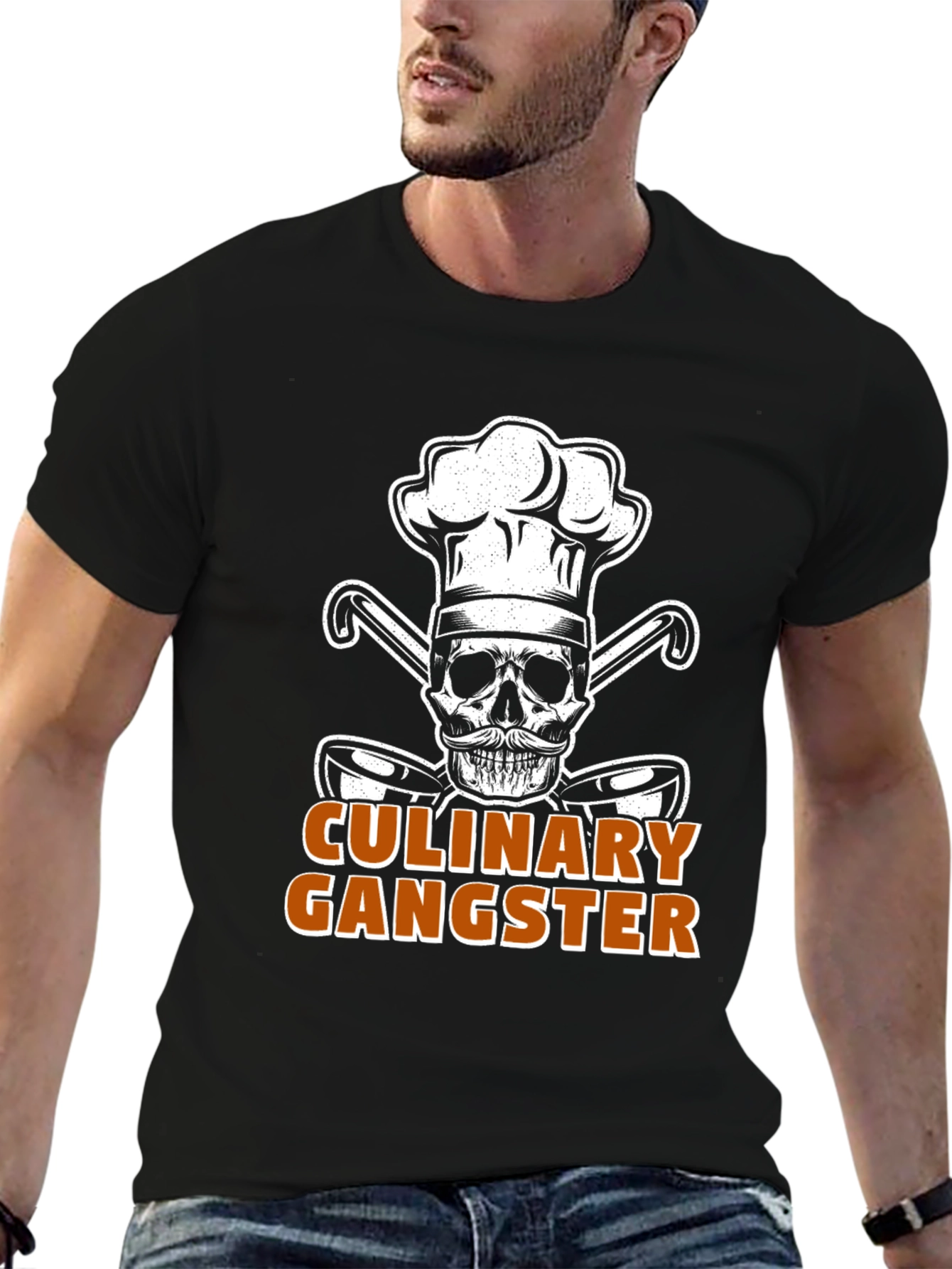 Black Culinary Gangster Chef Skull Graphic T-Shirt view 6
