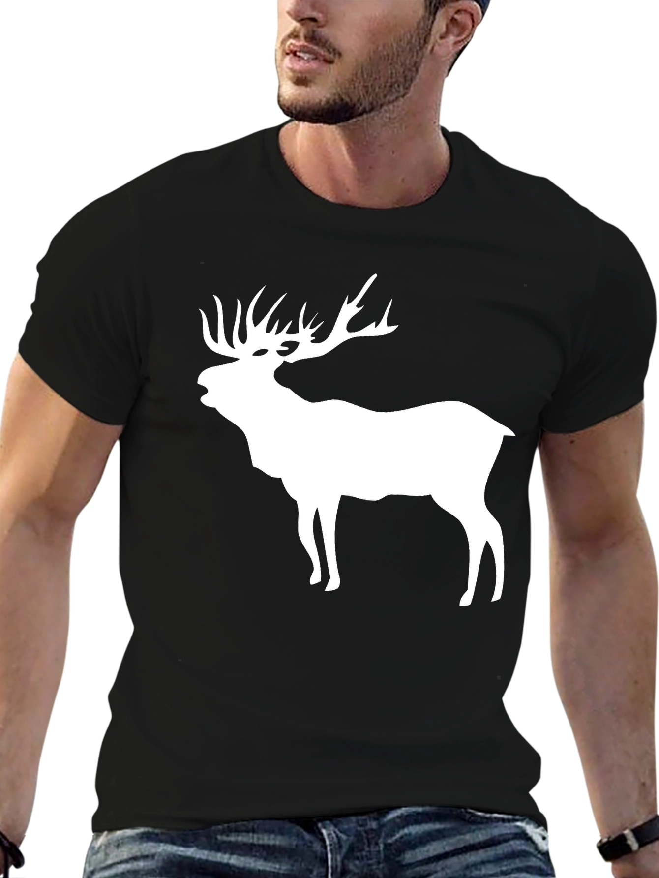 Black Men's Black T-Shirt with White Elk Silhouette view 6