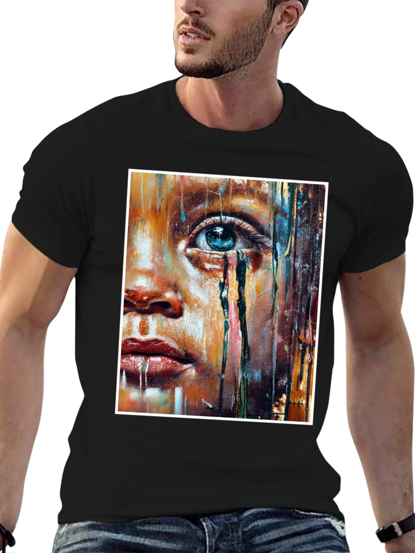 Black Artistic Teary Eye Graphic Black T-Shirt view 6