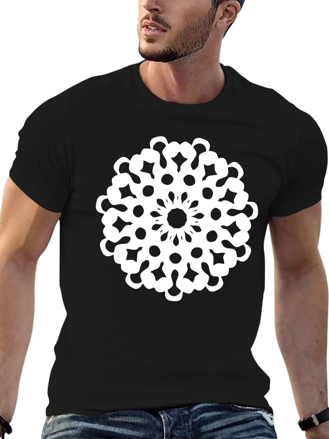 Black Black T-Shirt with Geometric Floral Design view 6