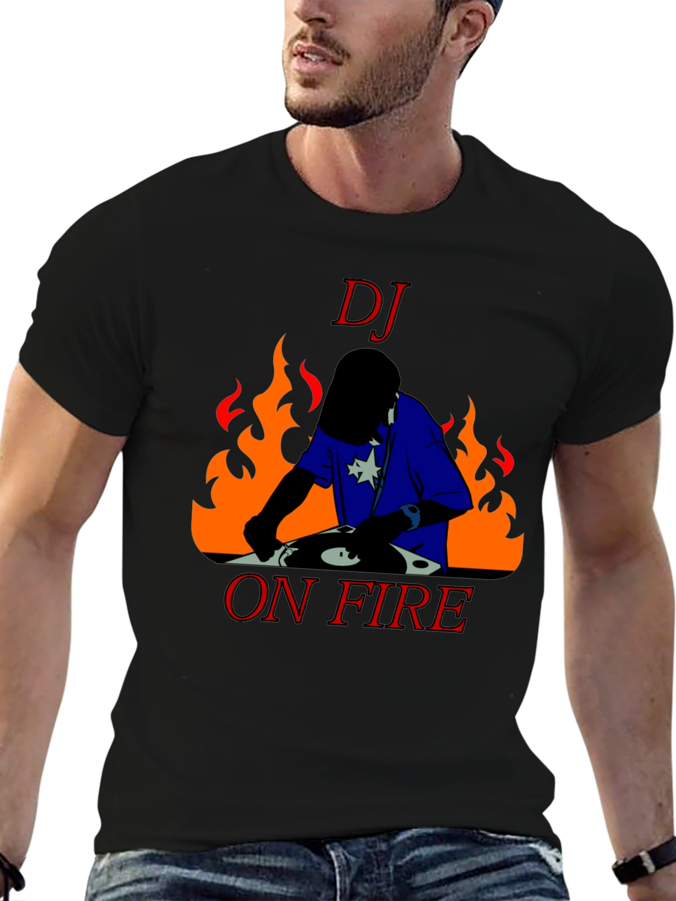 Black DJ On Fire Graphic Tee - Black Cotton T-Shirt view 6