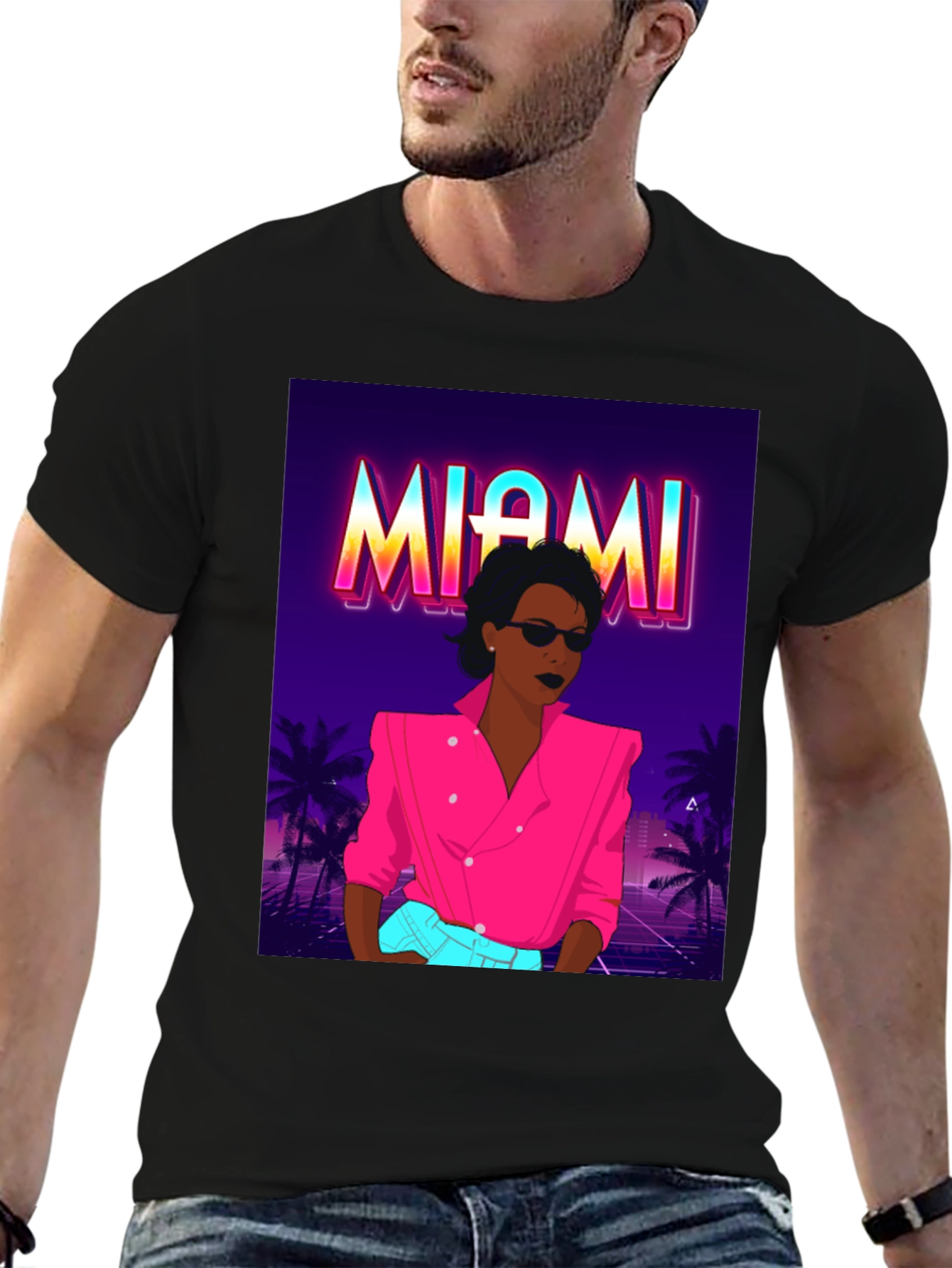 Black Miami Vice Style Graphic T-Shirt - Retro Design view 6