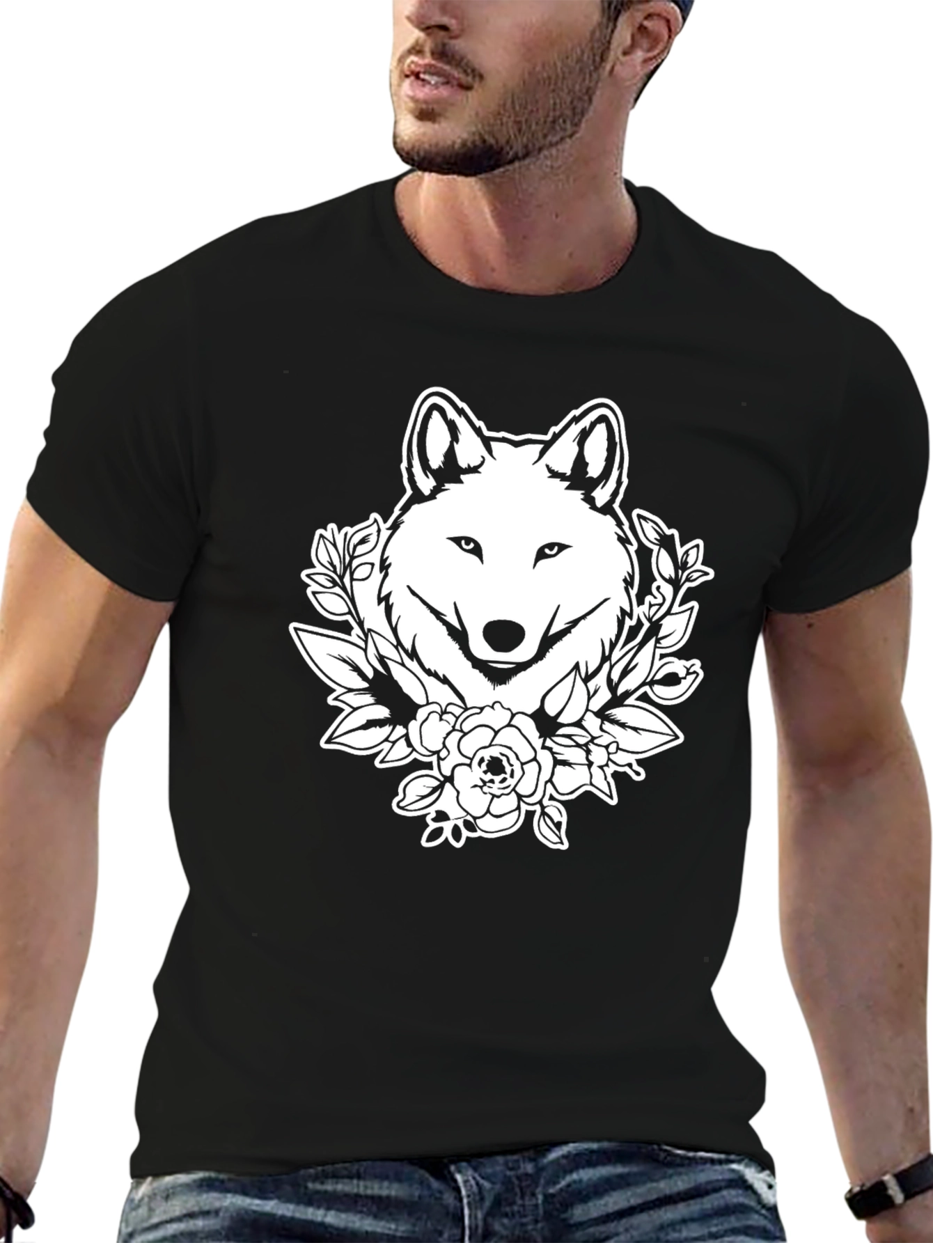 Black Wolf Floral Graphic T-Shirt - Black view 6