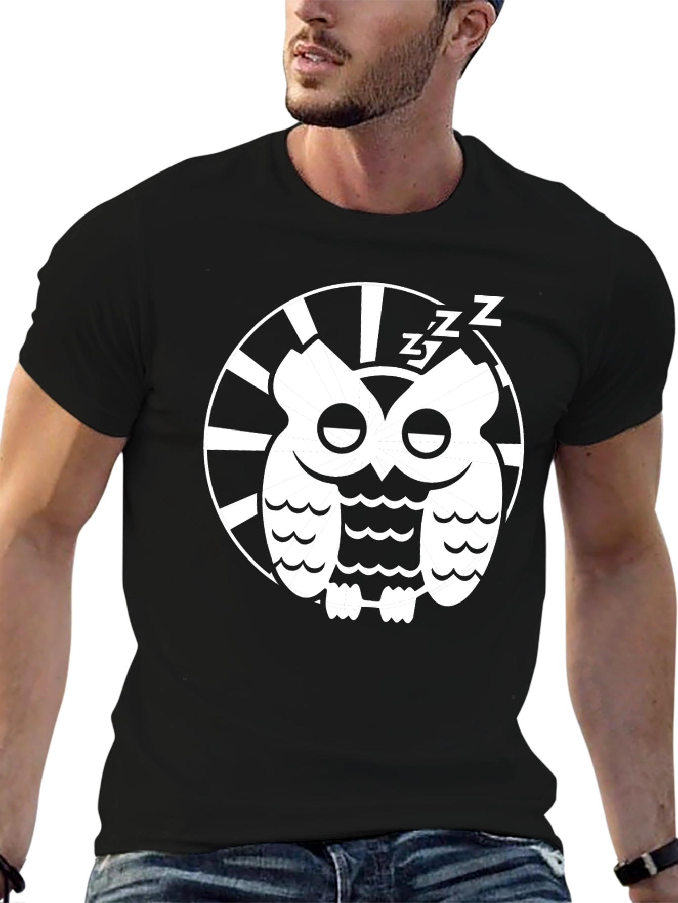 Black Sleepy Owl Graphic Tee - Black Cotton T-Shirt view 6