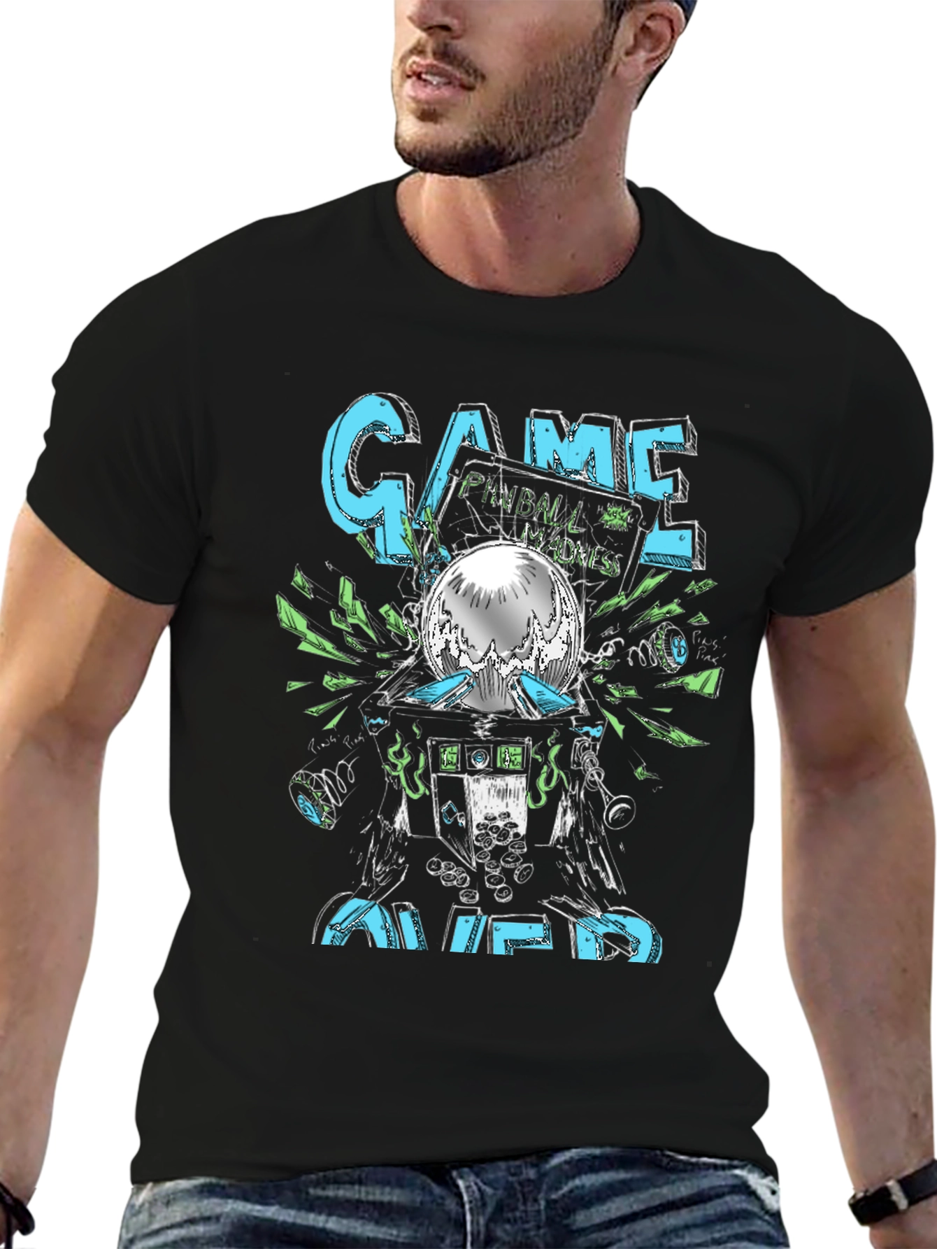 Black Game Over Pinball Graphic Tee - Black Cotton T-Shirt view 6