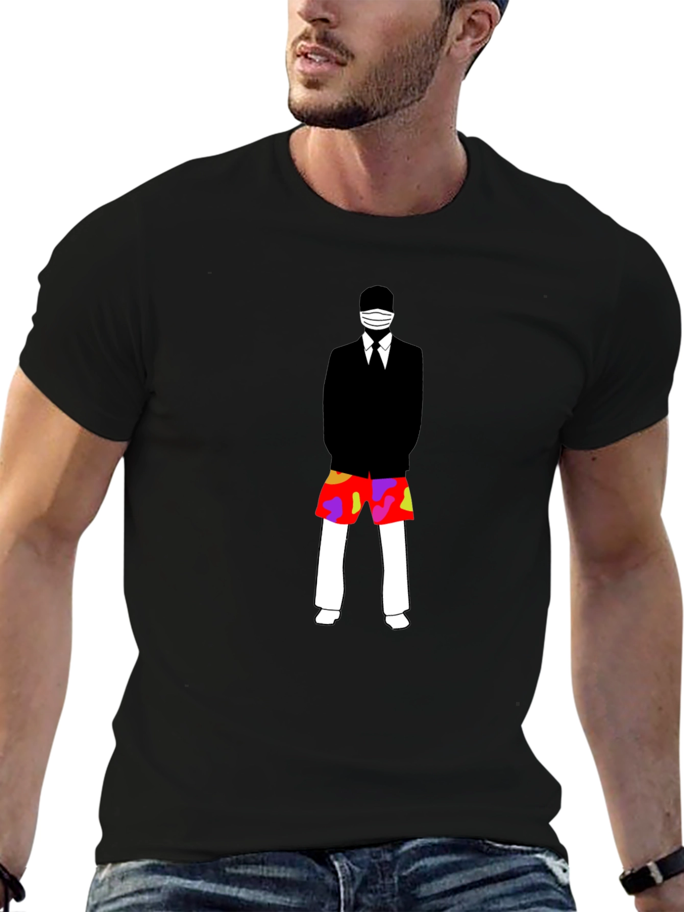 Black Masked Suit Man Summer Shorts Graphic T-Shirt view 6
