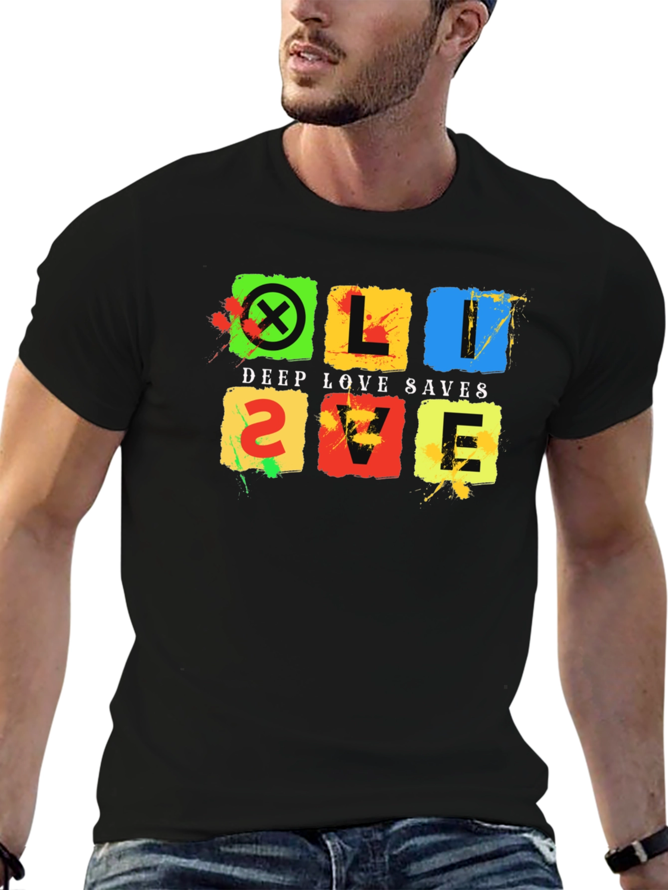 Black Deep Love Saves Black T-Shirt - Colorful Graphic Design view 6