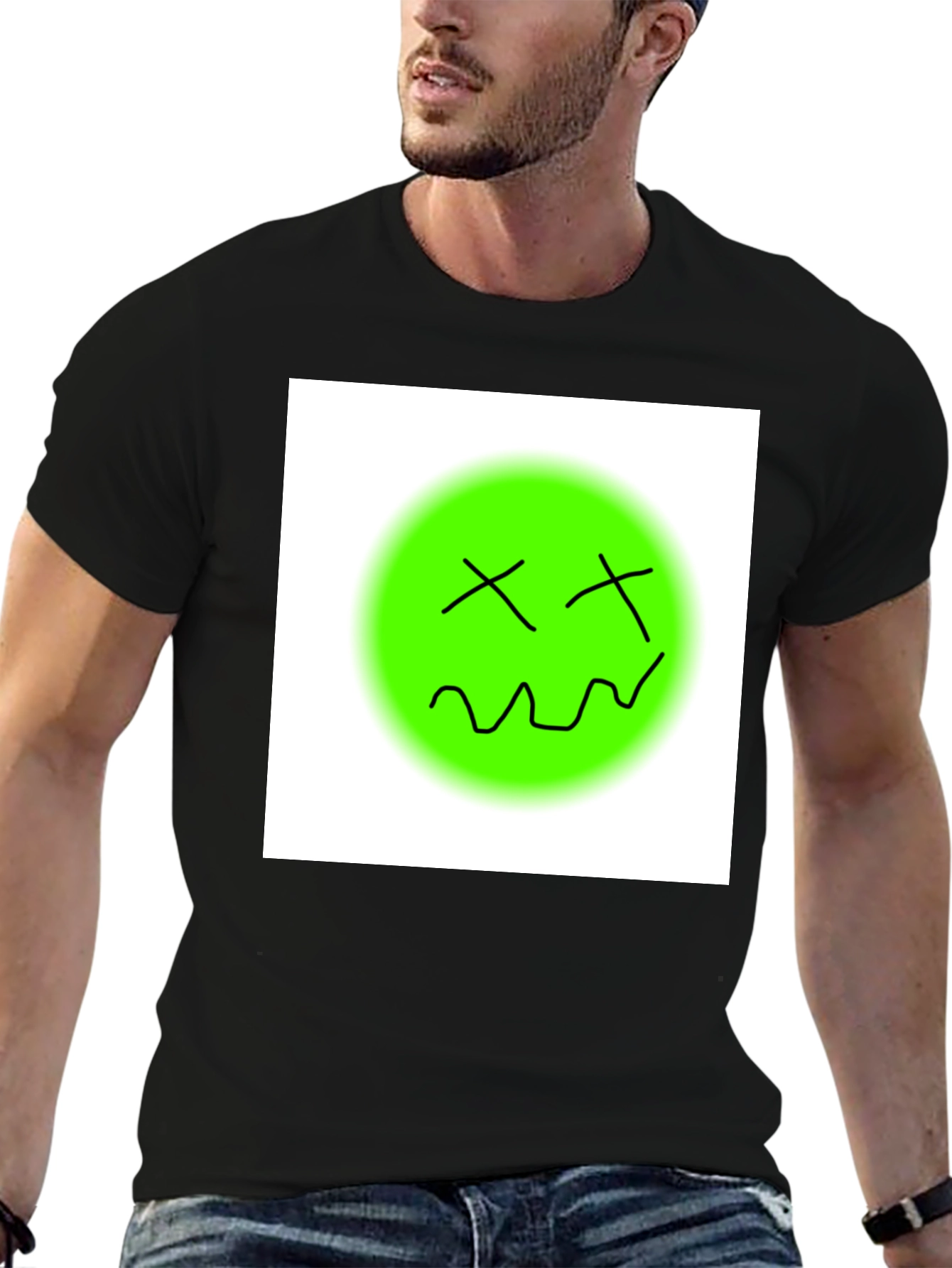 Black Unique Graphic Tee - Green Smiley Face T-Shirt view 6
