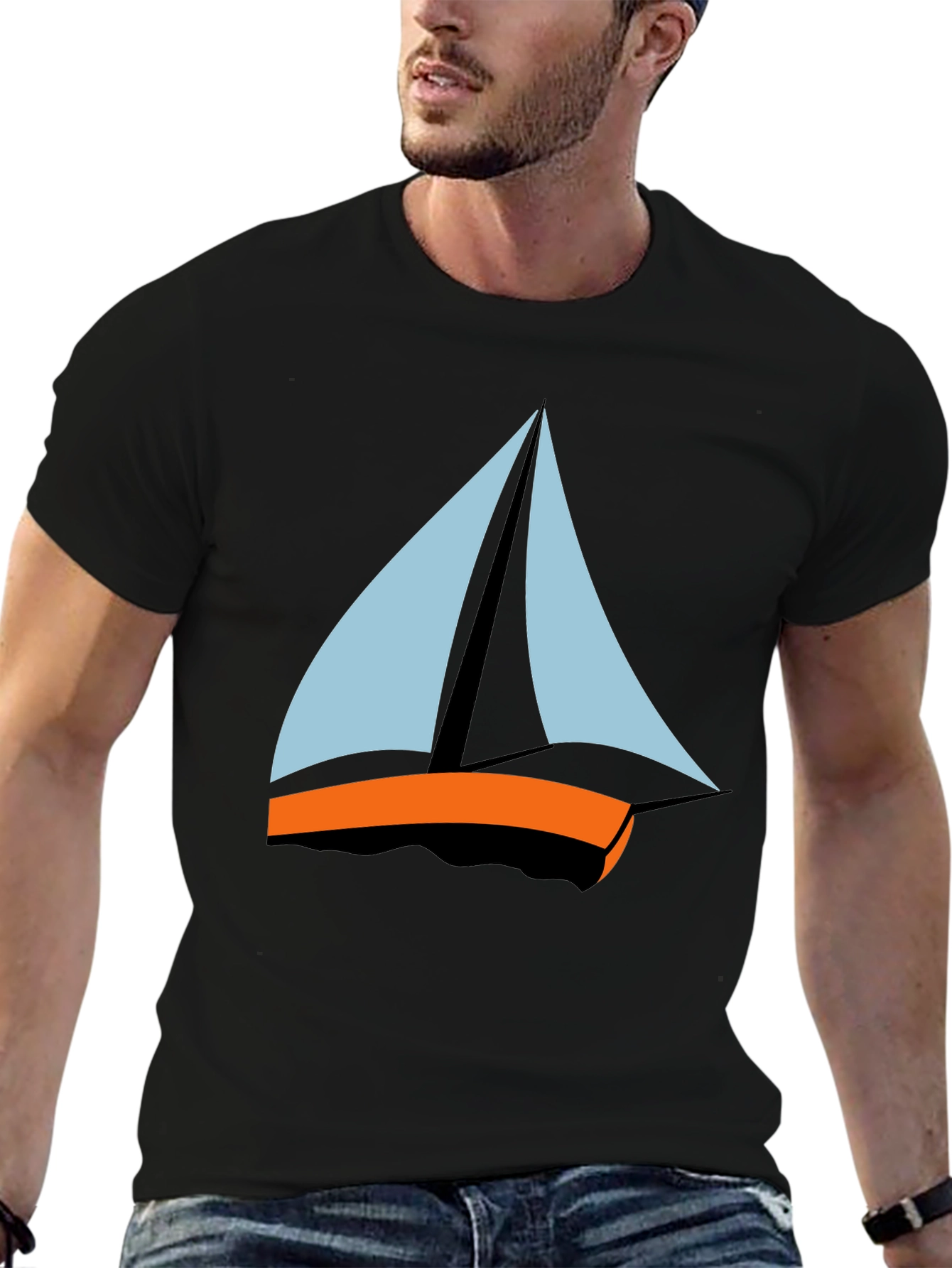Black Men's Black T-Shirt - Sailboat Graphic Tee view 6
