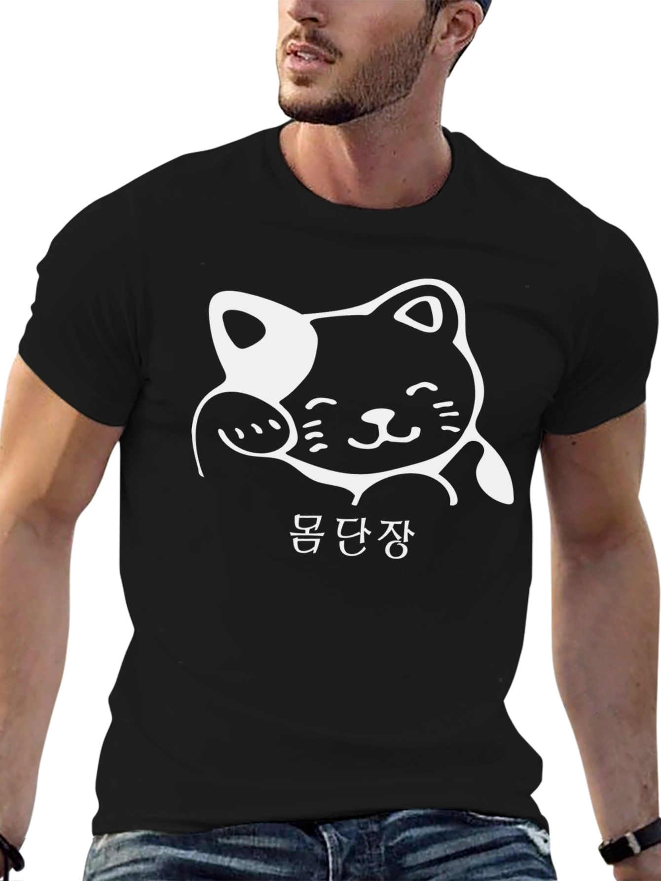 Black Black T-Shirt with Cat Graphic and Korean Text view 6