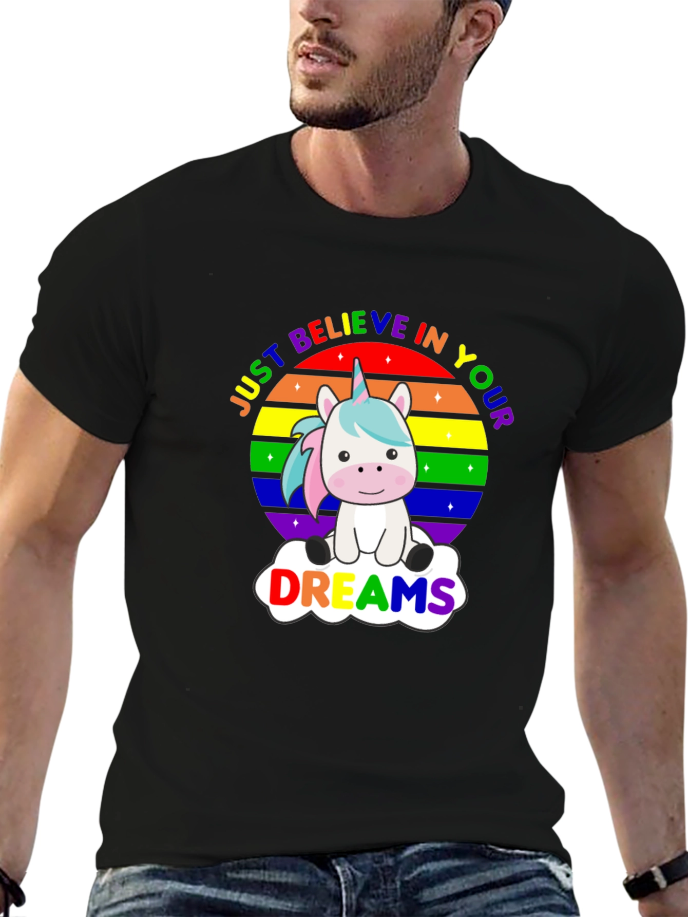 Black Believe in Your Dreams Rainbow Unicorn T-Shirt view 6