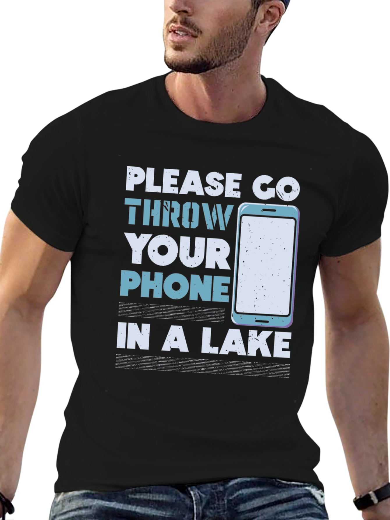 Black Humorous "Throw Your Phone in a Lake" Graphic Tee view 6