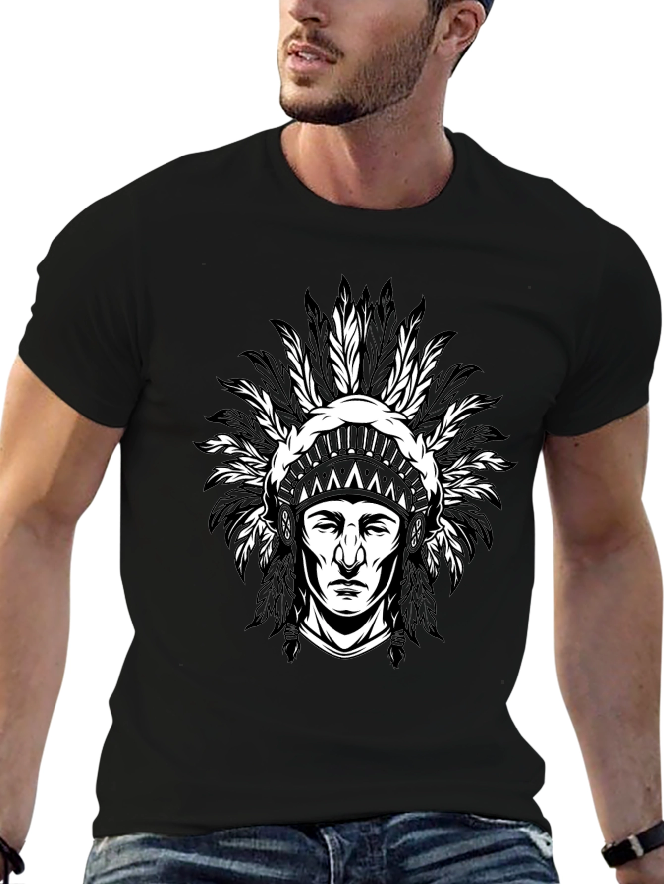 Black Native American Chief Graphic T-Shirt - Black view 6
